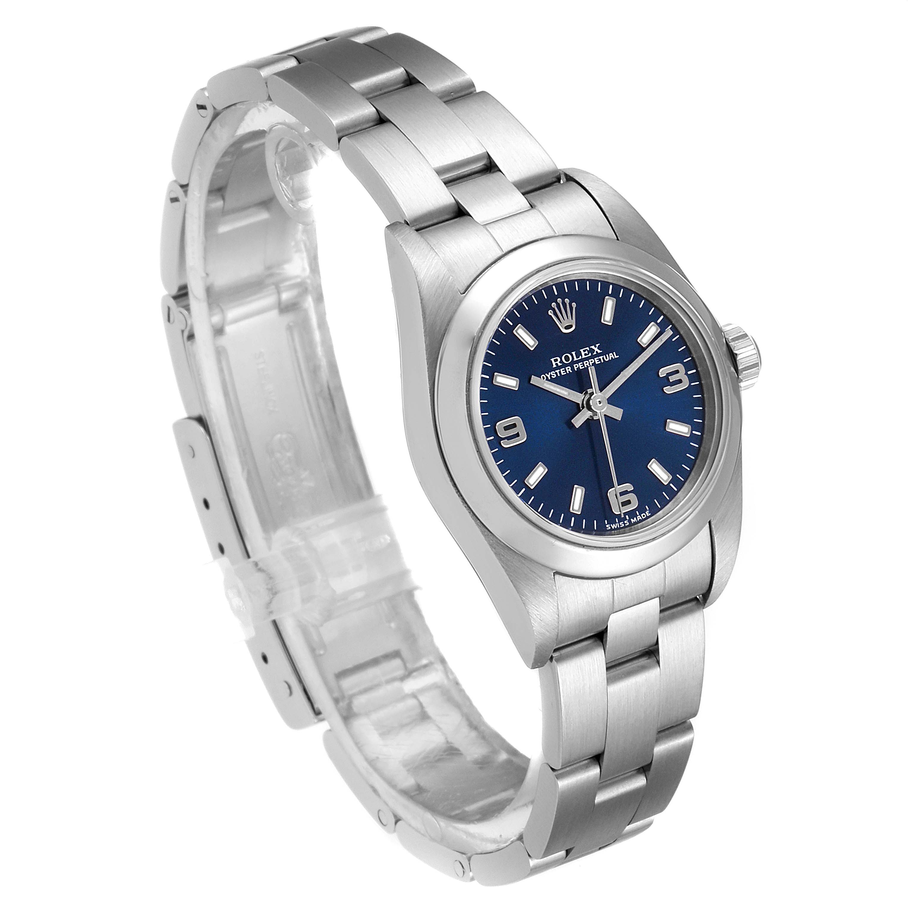 This image shows a Rolex Oyster Perpetual 76080 Women
s Stainless Steel Blue Dial 76080 Women
s Stainless Steel Blue Dial watch from an angled side view, displaying the dial, bracelet, and crown.