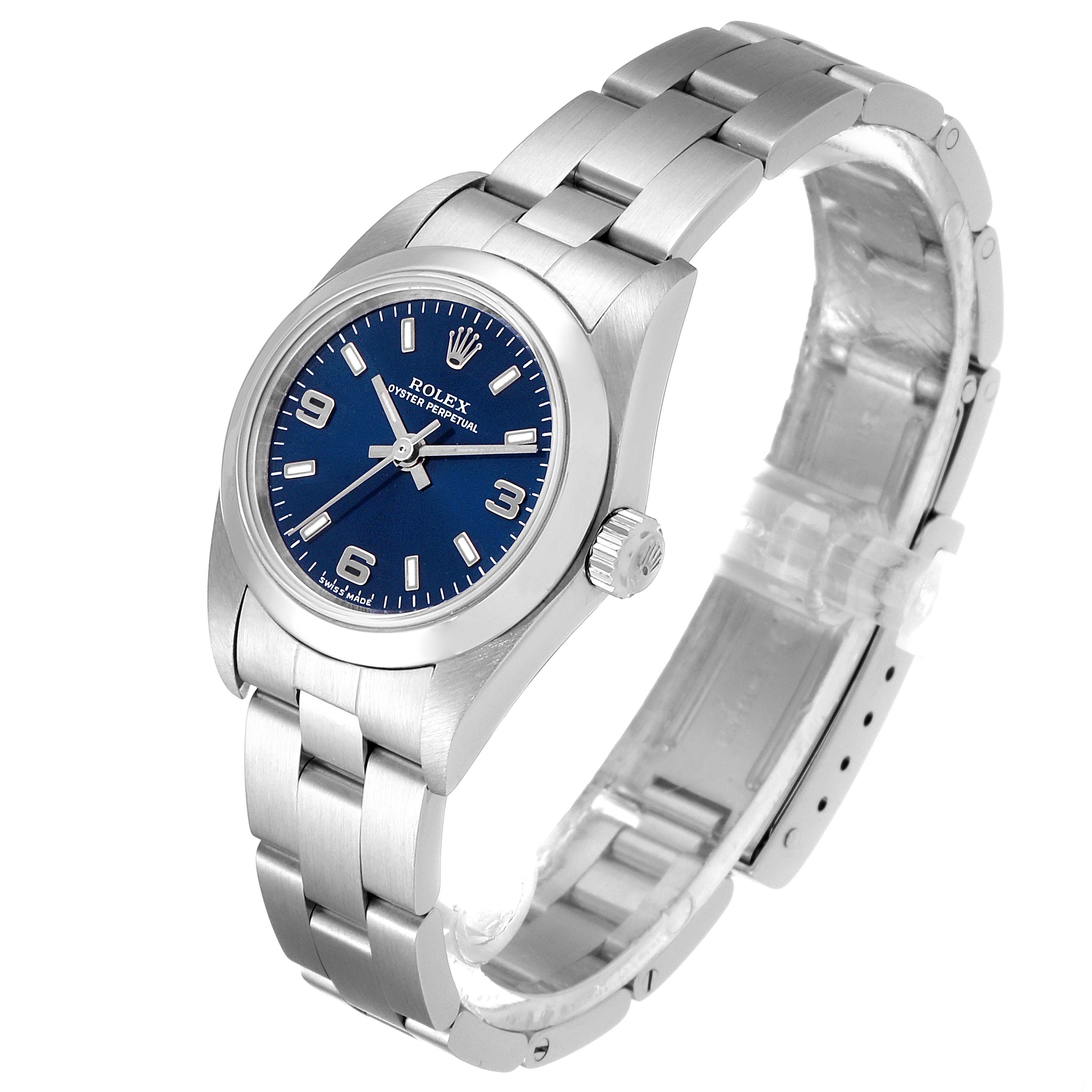 The image shows a Rolex Oyster Perpetual 76080 Women
s Stainless Steel Blue Dial 76080 Women
s Stainless Steel Blue Dial watch at a slightly angled top view, highlighting the blue dial, case, and bracelet.