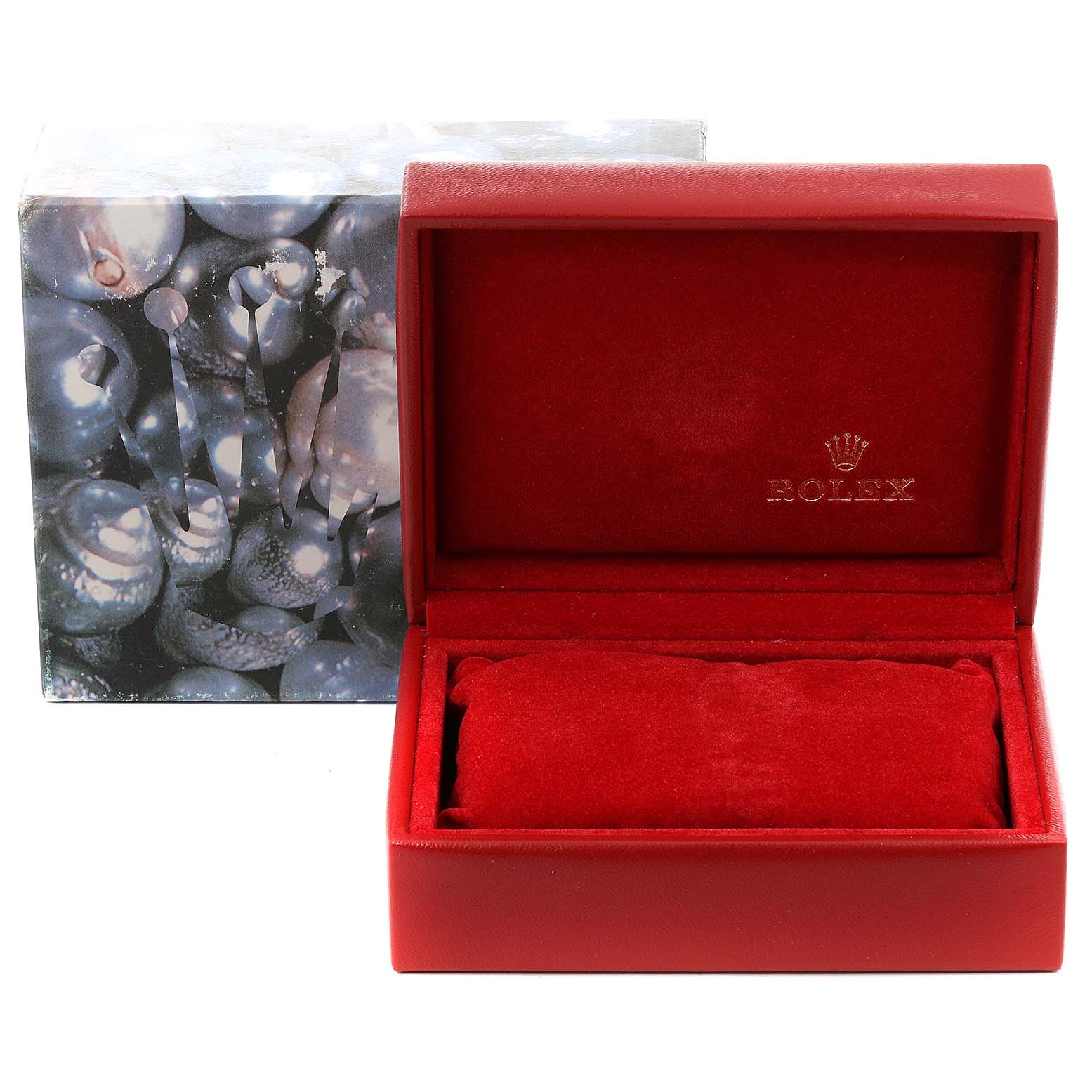 The image shows an open red Rolex watch box meant for an Oyster Perpetual model, with the exterior packaging also visible.