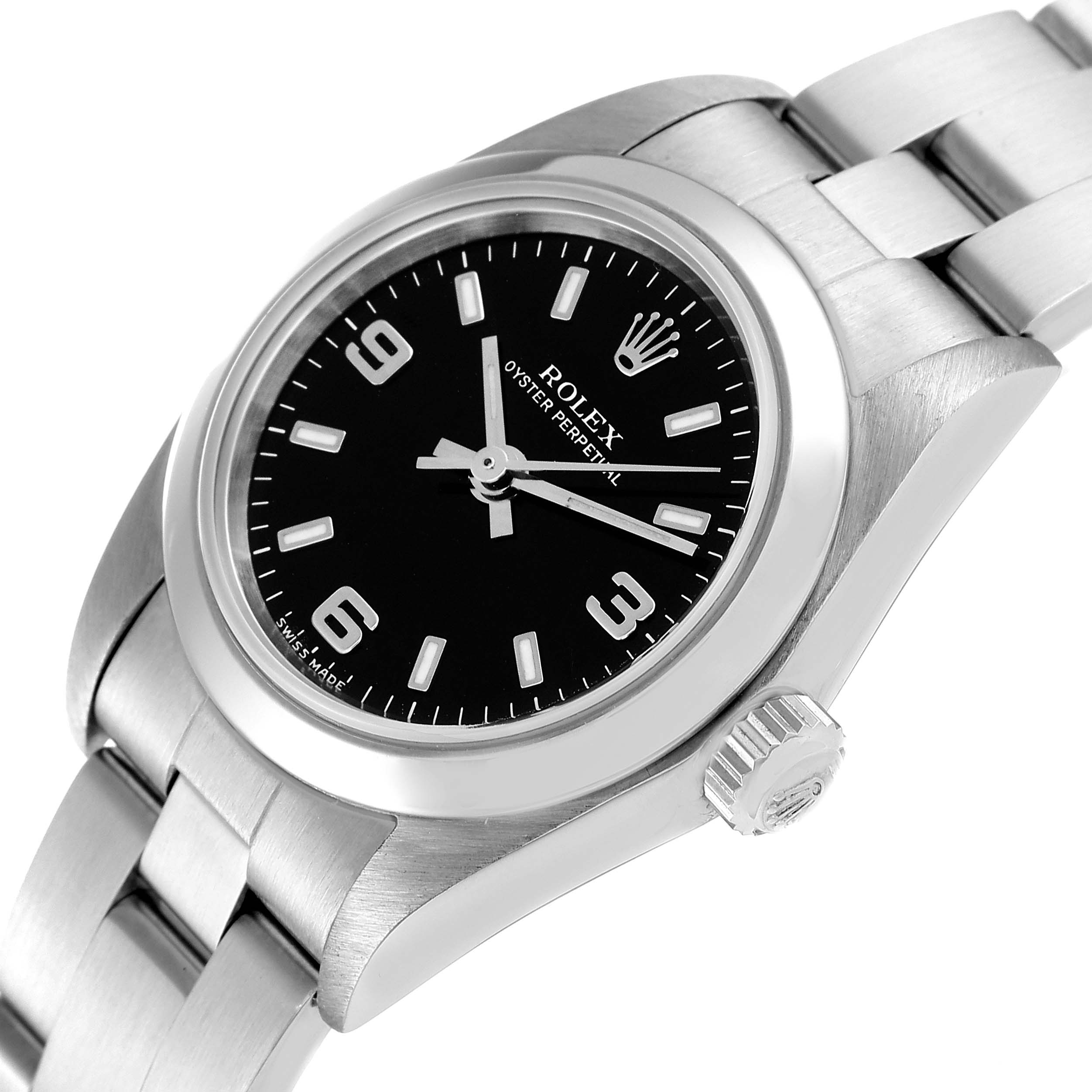 This image shows a side and top angle of a Rolex Oyster Perpetual 76080 Women's Stainless Steel Black Dial 76080 Women's Stainless Steel Black Dial watch, highlighting its black dial, silver case, and crown.