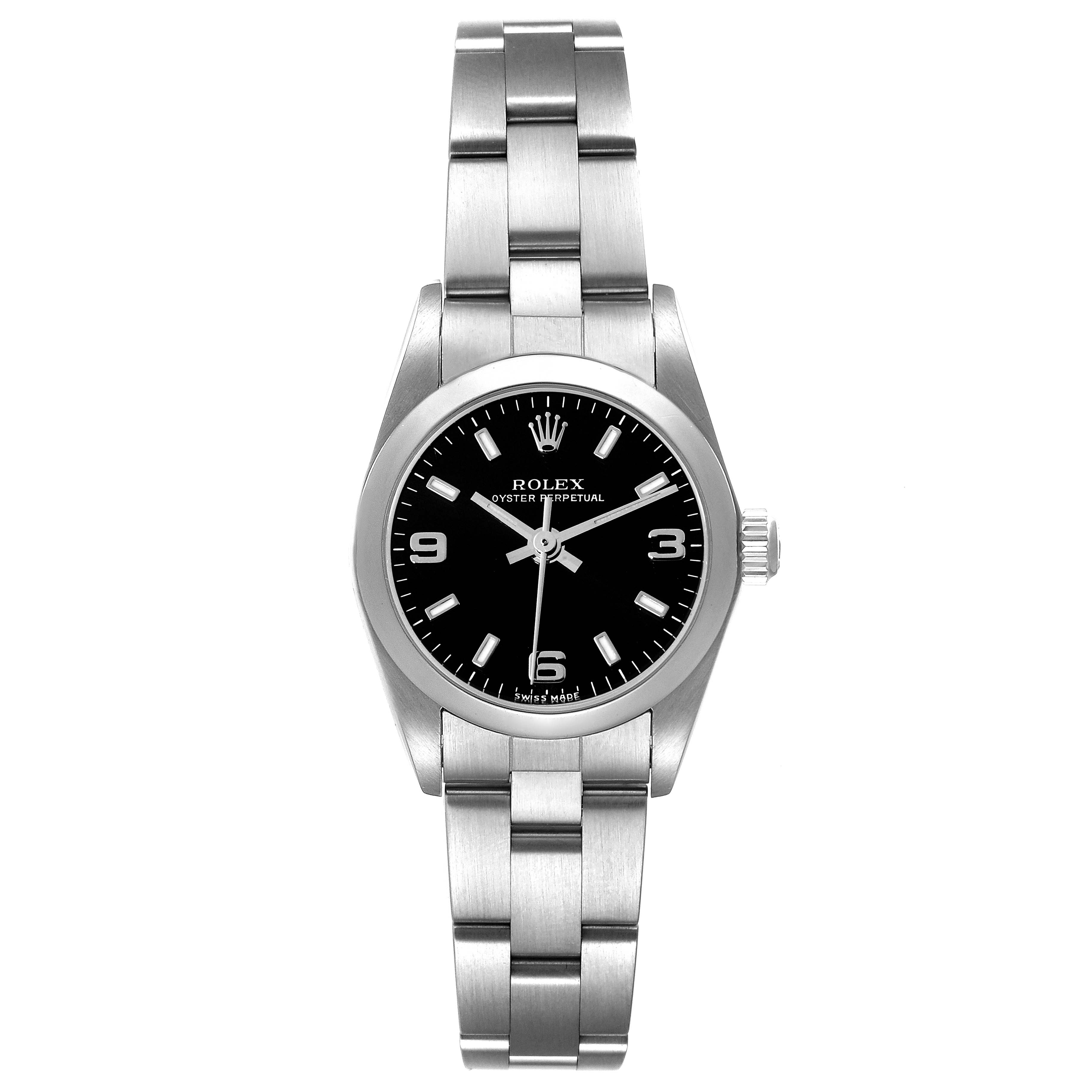 This image shows a frontal view of a Rolex Oyster Perpetual 76080 Women's Stainless Steel Black Dial 76080 Women's Stainless Steel Black Dial watch, displaying the dial, bracelet, and crown.