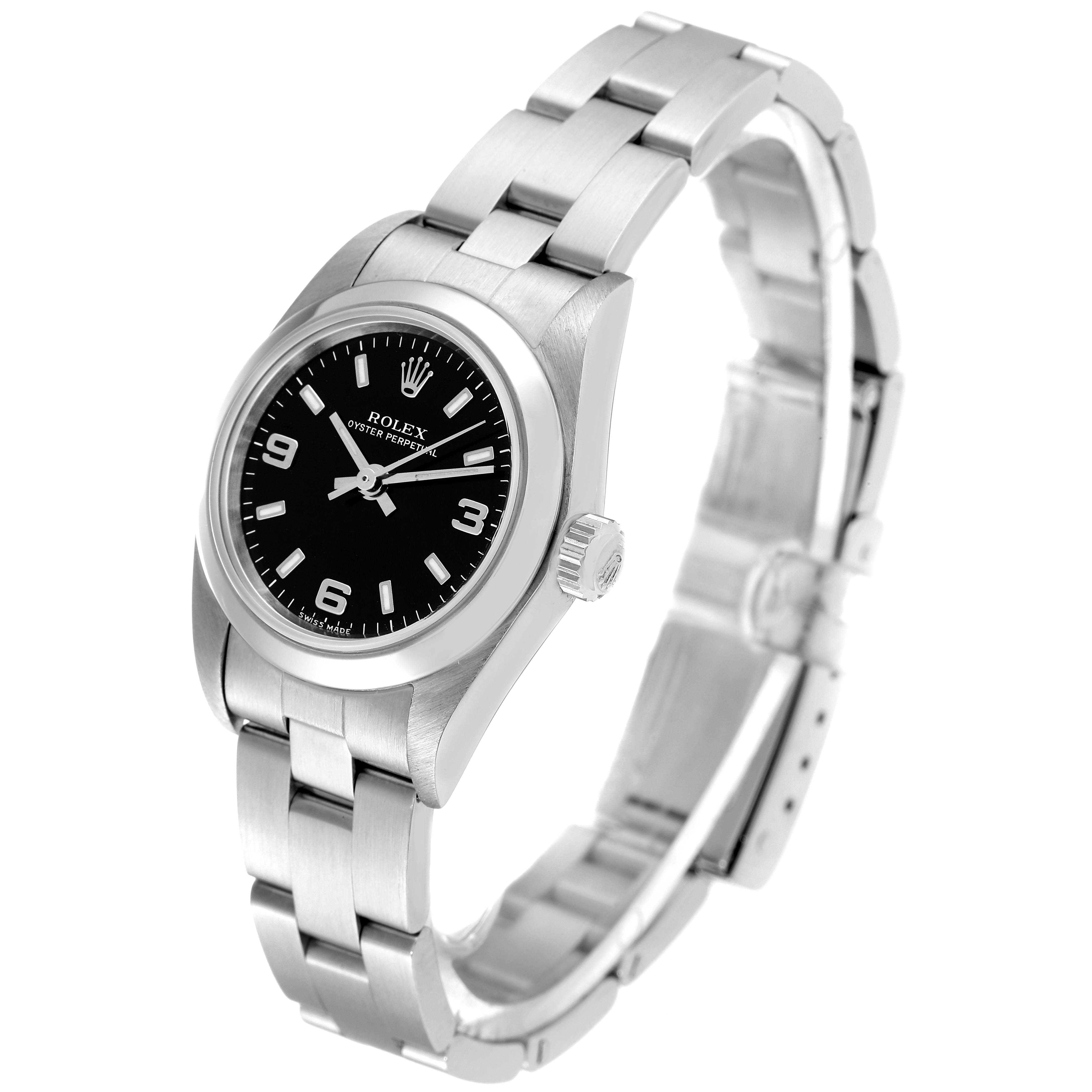 The image shows a Rolex Oyster Perpetual 76080 Women's Stainless Steel Black Dial 76080 Women's Stainless Steel Black Dial watch at an angled side view, displaying the face, bezel, crown, and part of the bracelet.
