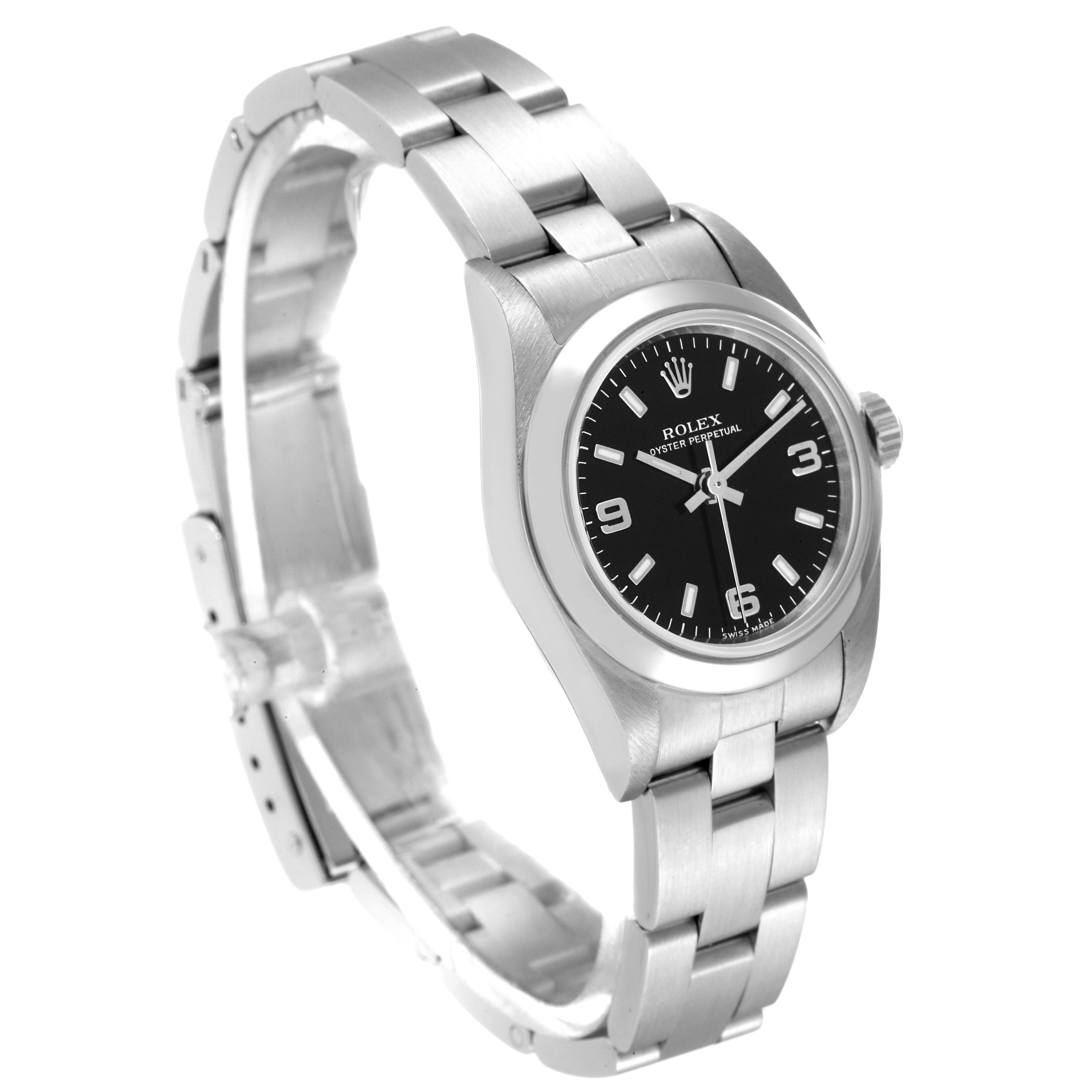 The image shows a side and front view of the Rolex Oyster Perpetual 76080 Women's Stainless Steel Black Dial 76080 Women's Stainless Steel Black Dial watch, highlighting its black dial and stainless steel bracelet.