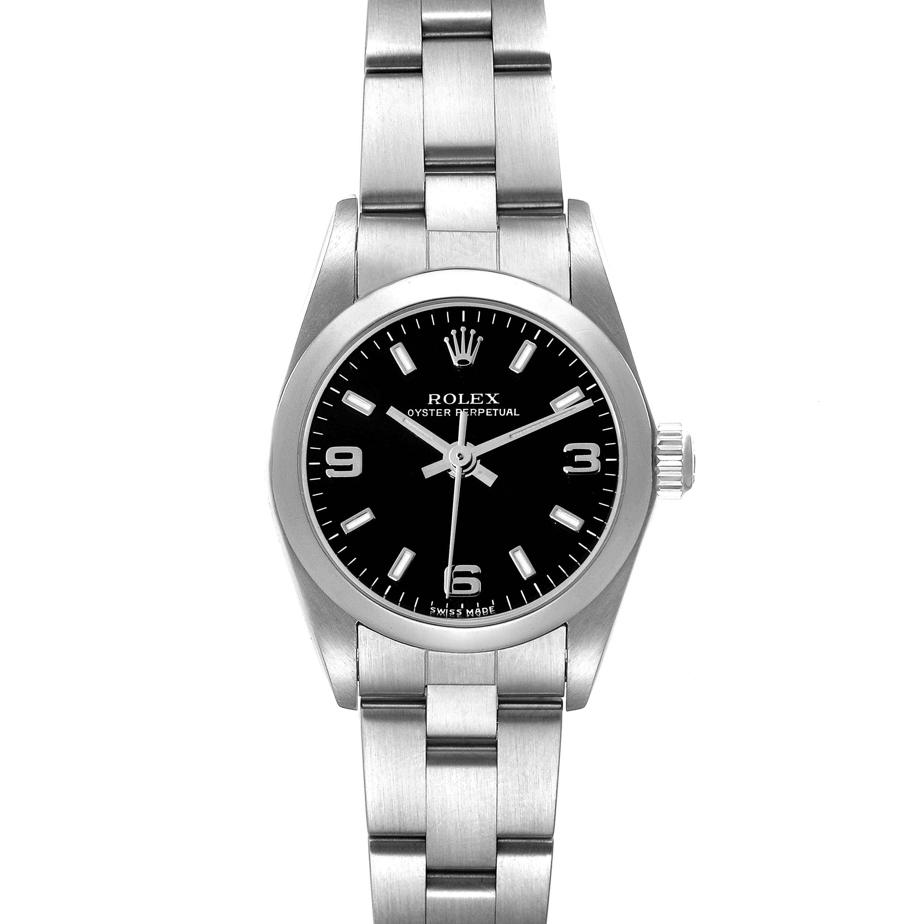 This image shows a front view of a Rolex Oyster Perpetual 76080 Women's Stainless Steel Black Dial 76080 Women's Stainless Steel Black Dial watch, highlighting the black dial, stainless steel bracelet, and the brand's logo.