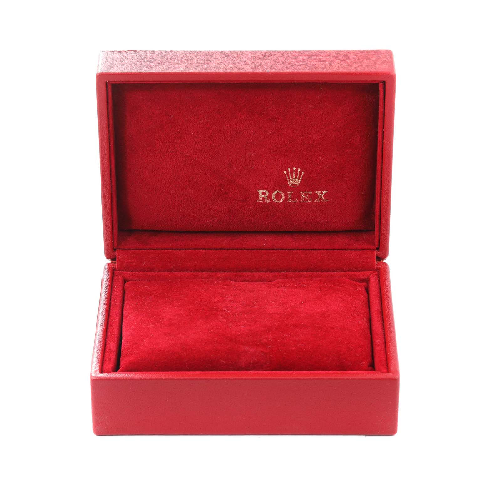 This image shows an open red Rolex watch box, branded for the Oyster Perpetual model.