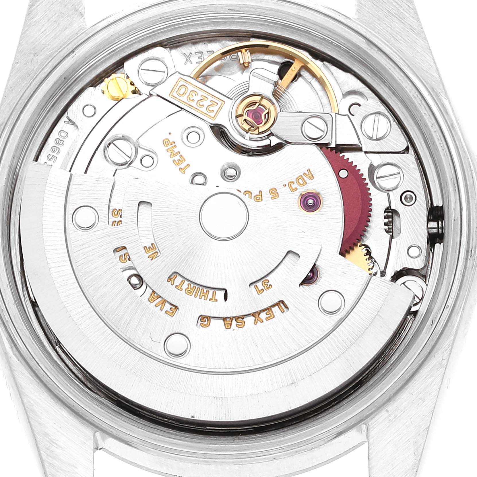 This is a close-up view of the movement mechanism inside the Rolex Oyster Perpetual 76080 Women's Stainless Steel Black Dial 76080 Women's Stainless Steel Black Dial watch.