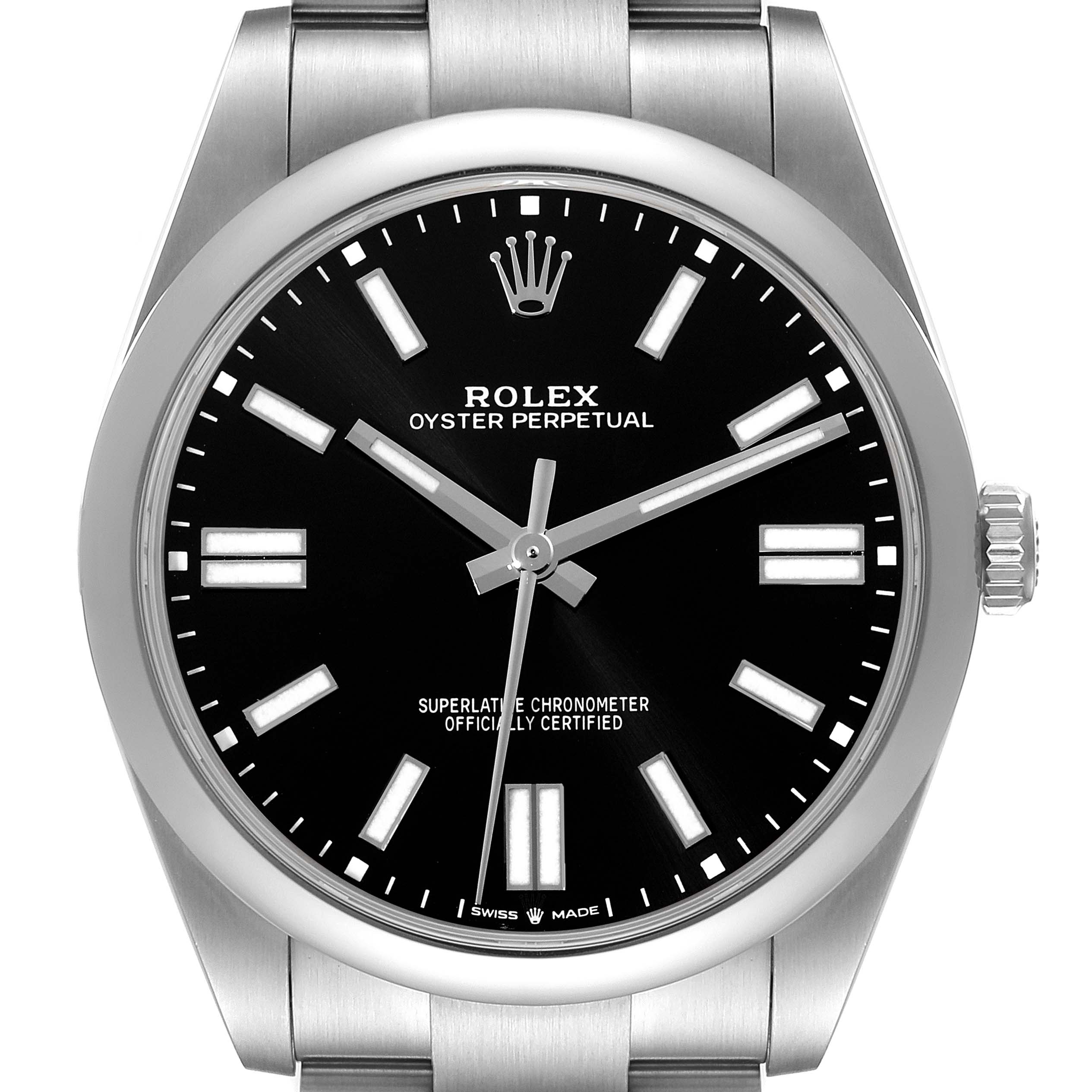This image shows a frontal view of a Rolex Oyster Perpetual 124300 Men
s Stainless Steel Black Dial 124300 Men
s Stainless Steel Black Dial watch displaying its dial and part of the bracelet.