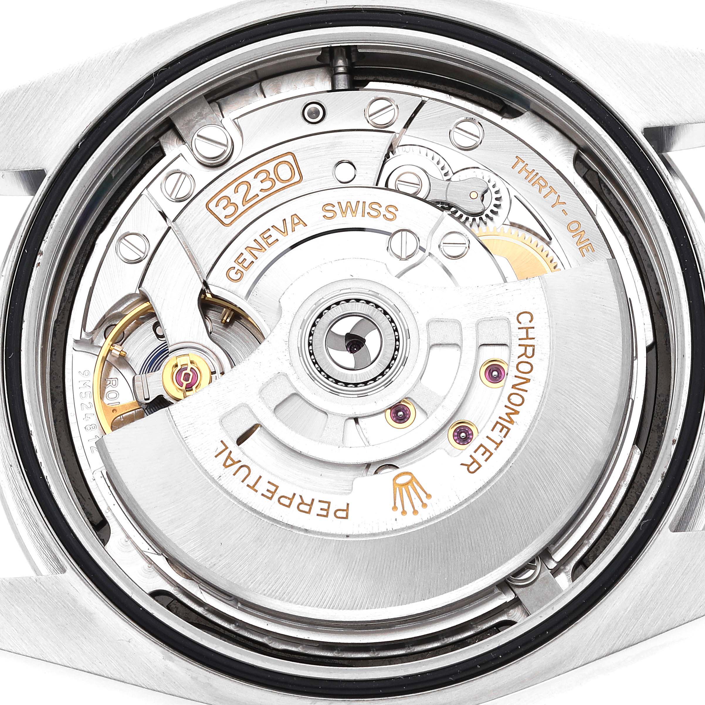 This image shows the internal movement mechanism of a Rolex Oyster Perpetual 124300 Men
s Stainless Steel Black Dial 124300 Men
s Stainless Steel Black Dial watch from a close-up, top-down angle.