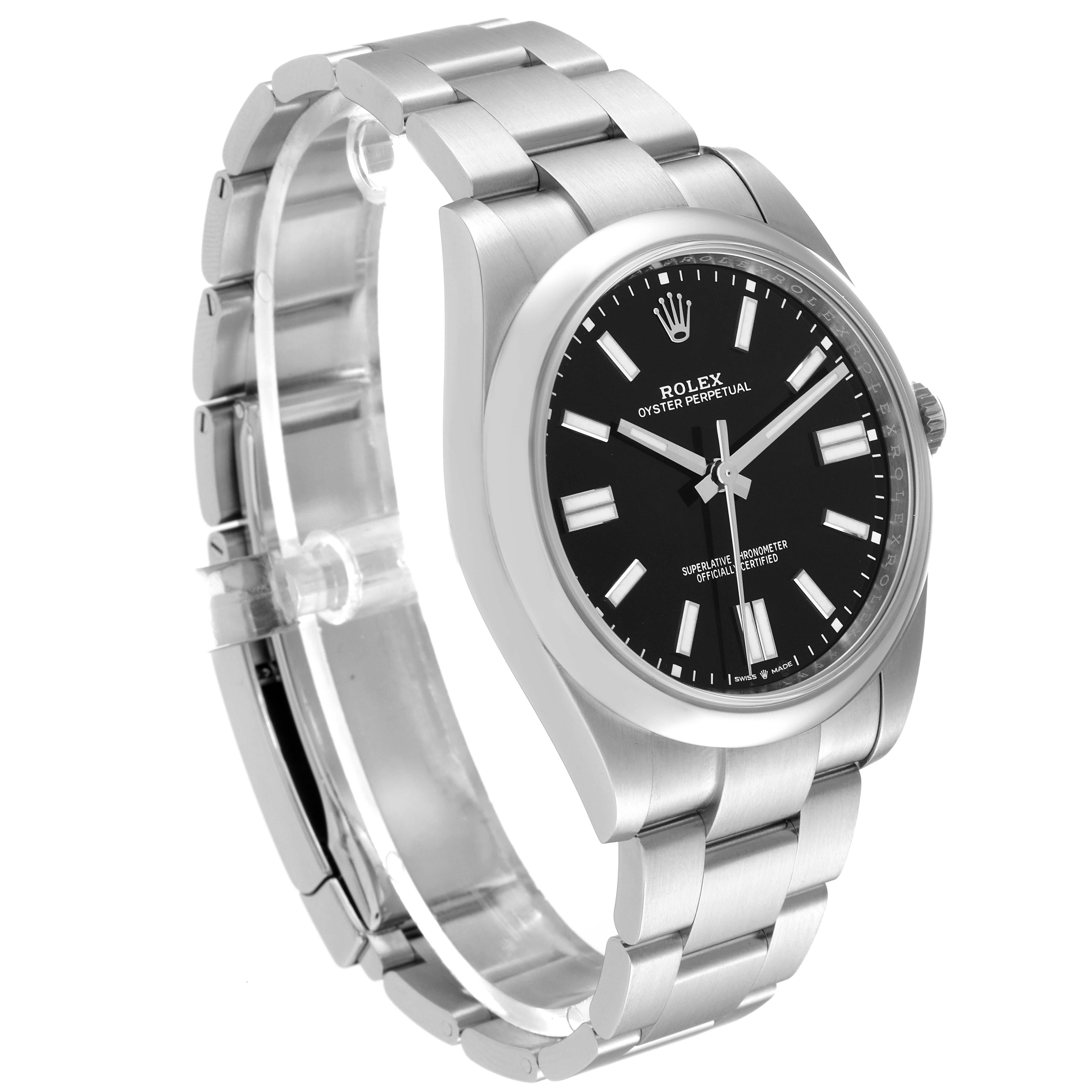 This image shows a Rolex Oyster Perpetual 124300 Men
s Stainless Steel Black Dial 124300 Men
s Stainless Steel Black Dial watch at a three-quarter angle, displaying the face, case, and bracelet links.