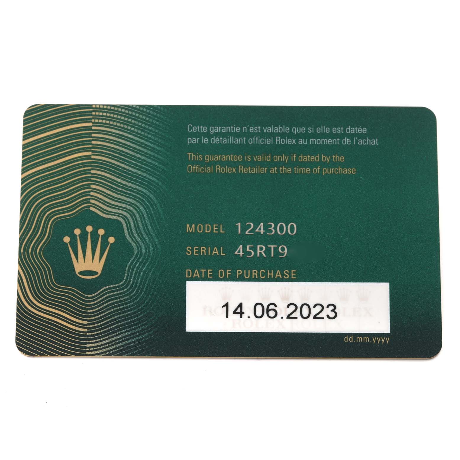 This image shows a warranty card for the Rolex Oyster Perpetual 124300 Men
s Stainless Steel Black Dial 124300 Men
s Stainless Steel Black Dial model 124300, including the serial number and purchase date.