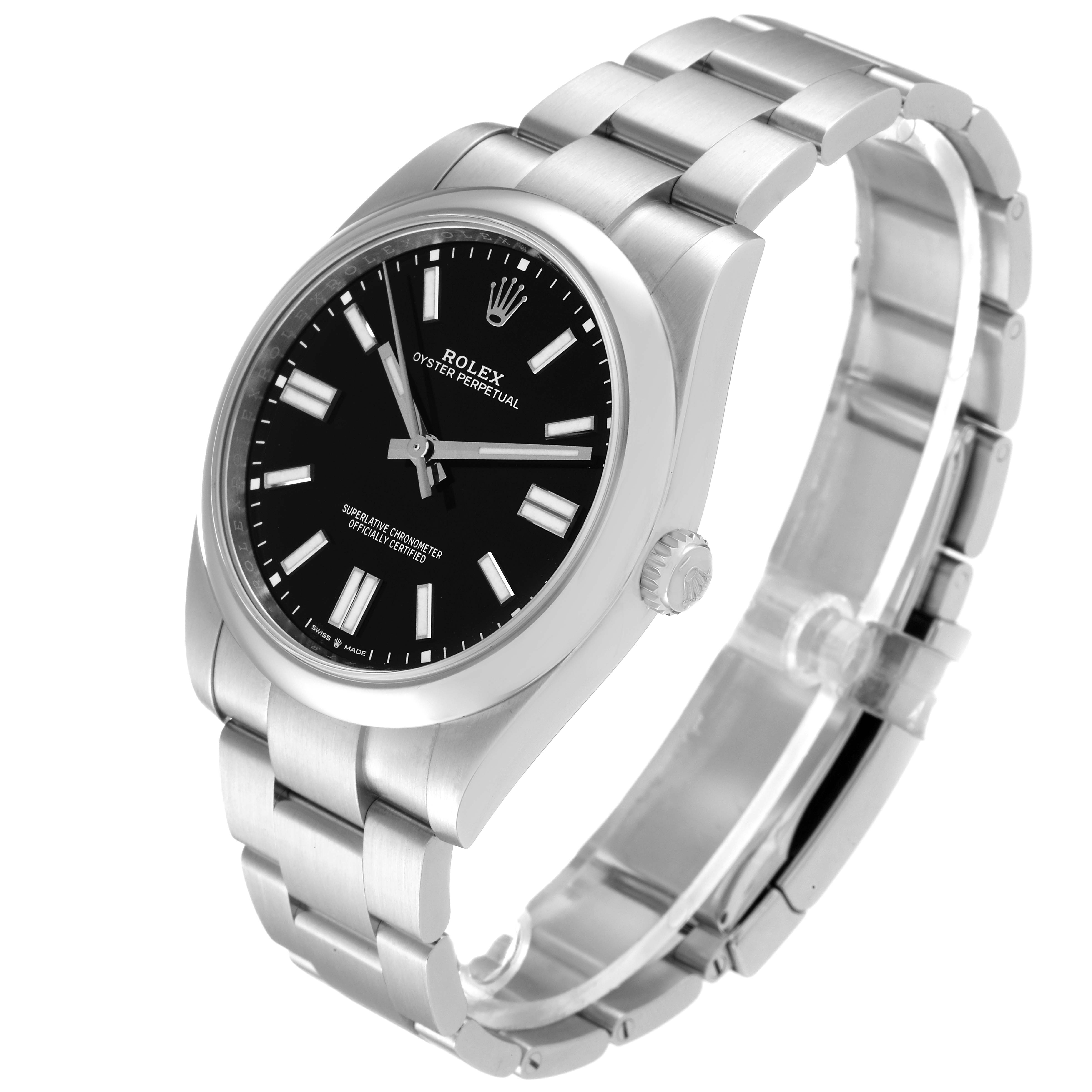 This image shows a side and front angled view of a Rolex Oyster Perpetual 124300 Men
s Stainless Steel Black Dial 124300 Men
s Stainless Steel Black Dial watch, featuring its bracelet, dial, and crown.