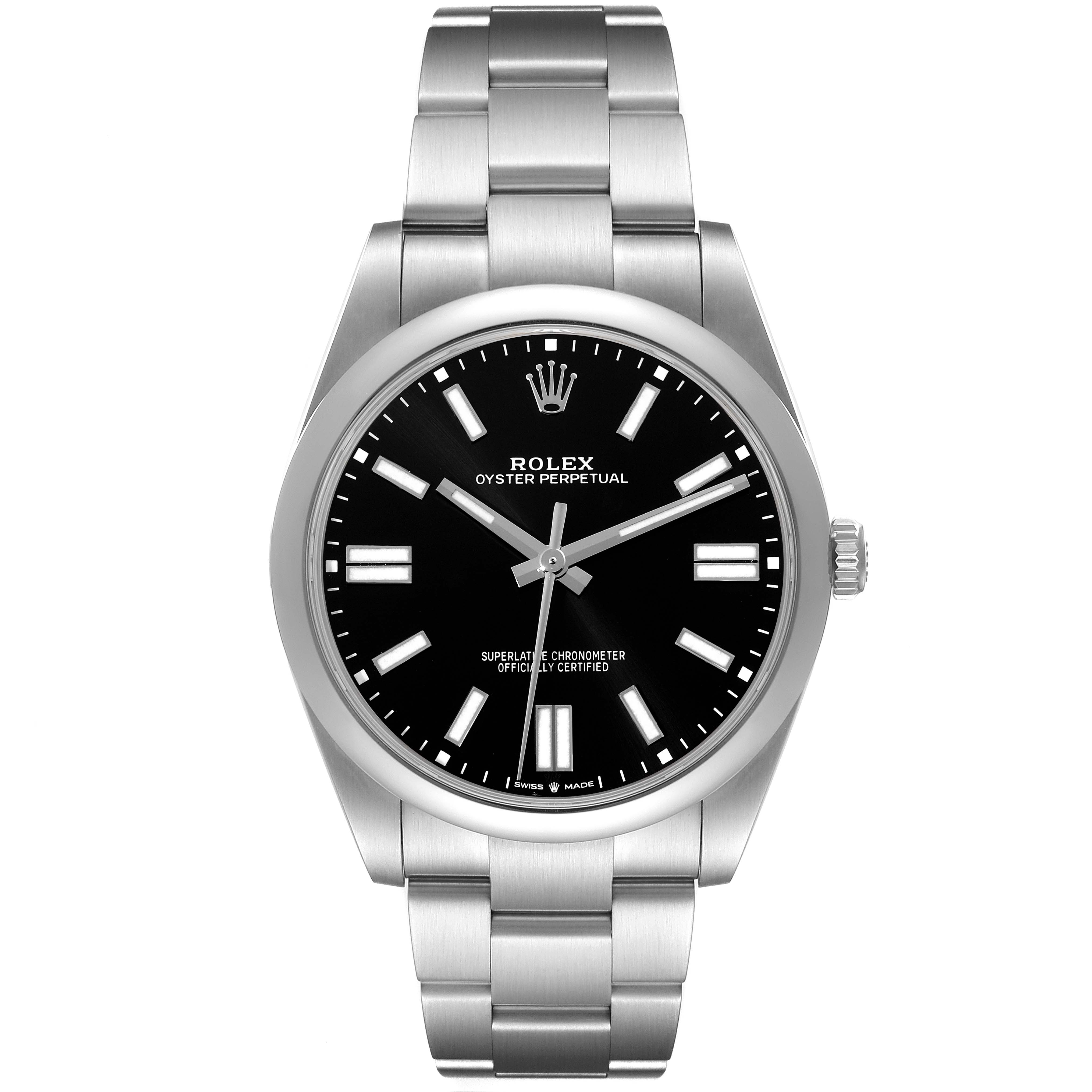 The image displays a front view of the Rolex Oyster Perpetual 124300 Men
s Stainless Steel Black Dial 124300 Men
s Stainless Steel Black Dial watch, highlighting the dial, bezel, bracelet, and crown.