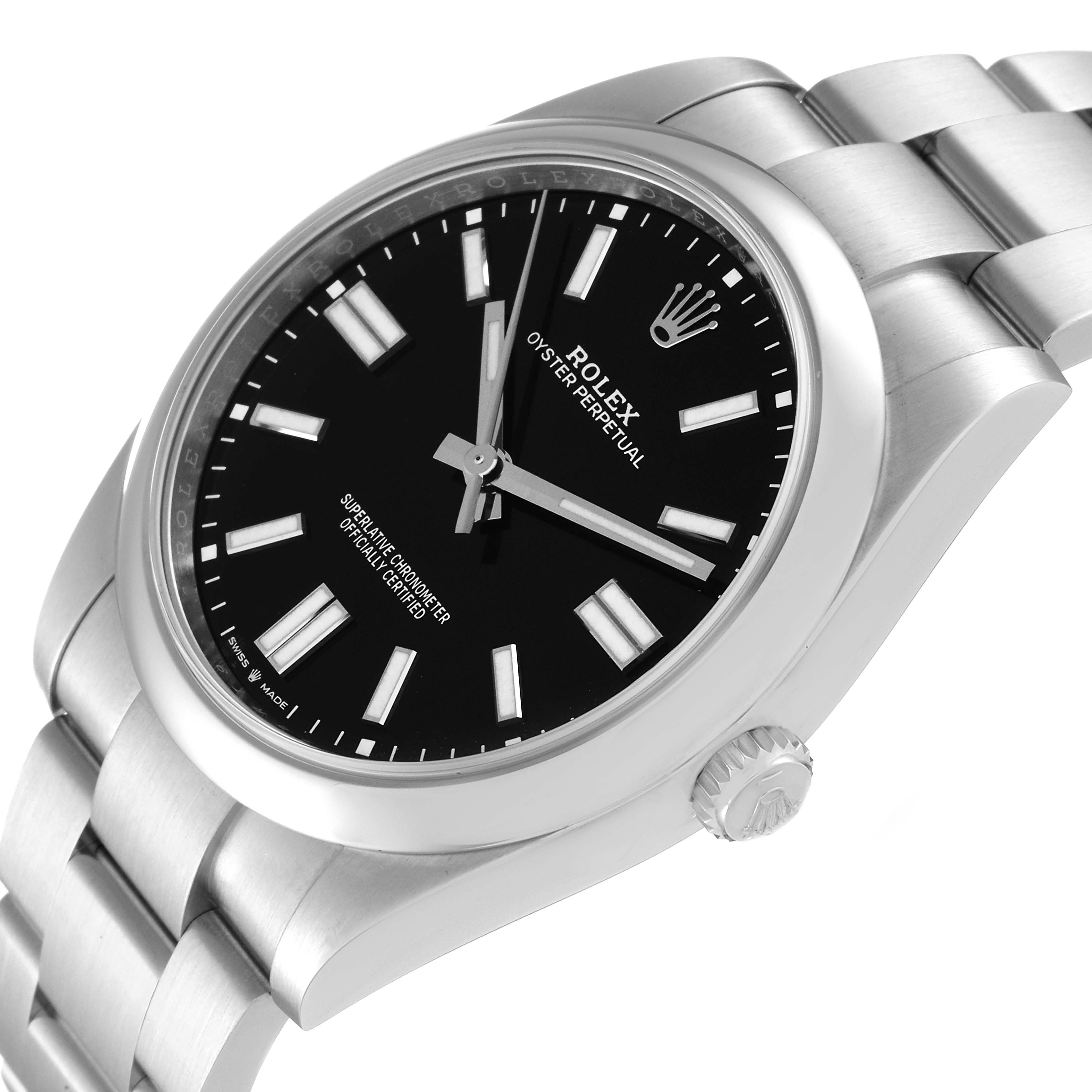 This image shows a Rolex Oyster Perpetual 124300 Men
s Stainless Steel Black Dial 124300 Men
s Stainless Steel Black Dial watch at a slight angle, highlighting its face, bezel, and part of the bracelet.