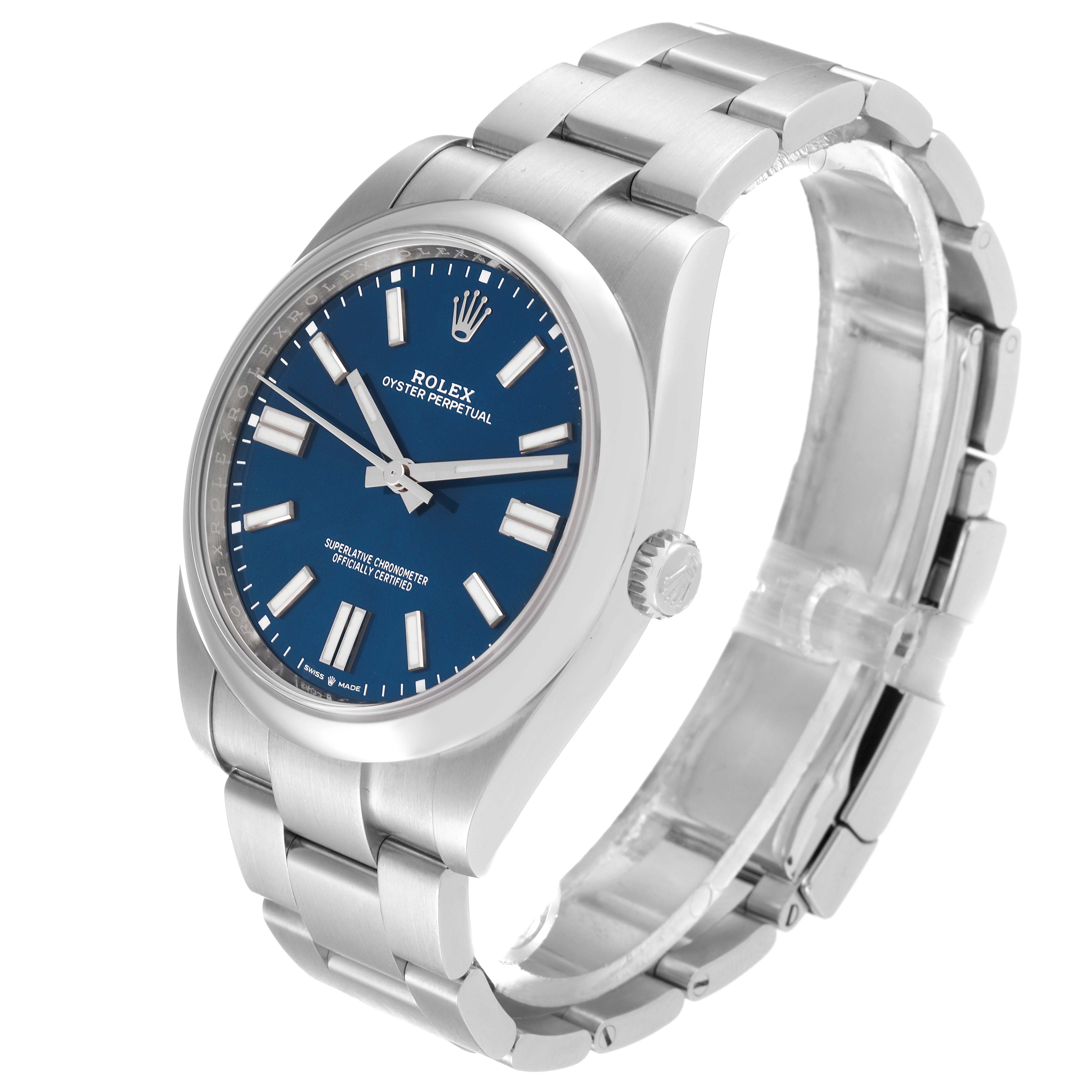 This image shows a side angle of the Rolex Oyster Perpetual 124300 Men
s Stainless Steel Blue Dial 124300 Men
s Stainless Steel Blue Dial watch, highlighting its blue dial, stainless steel bracelet, and crown.