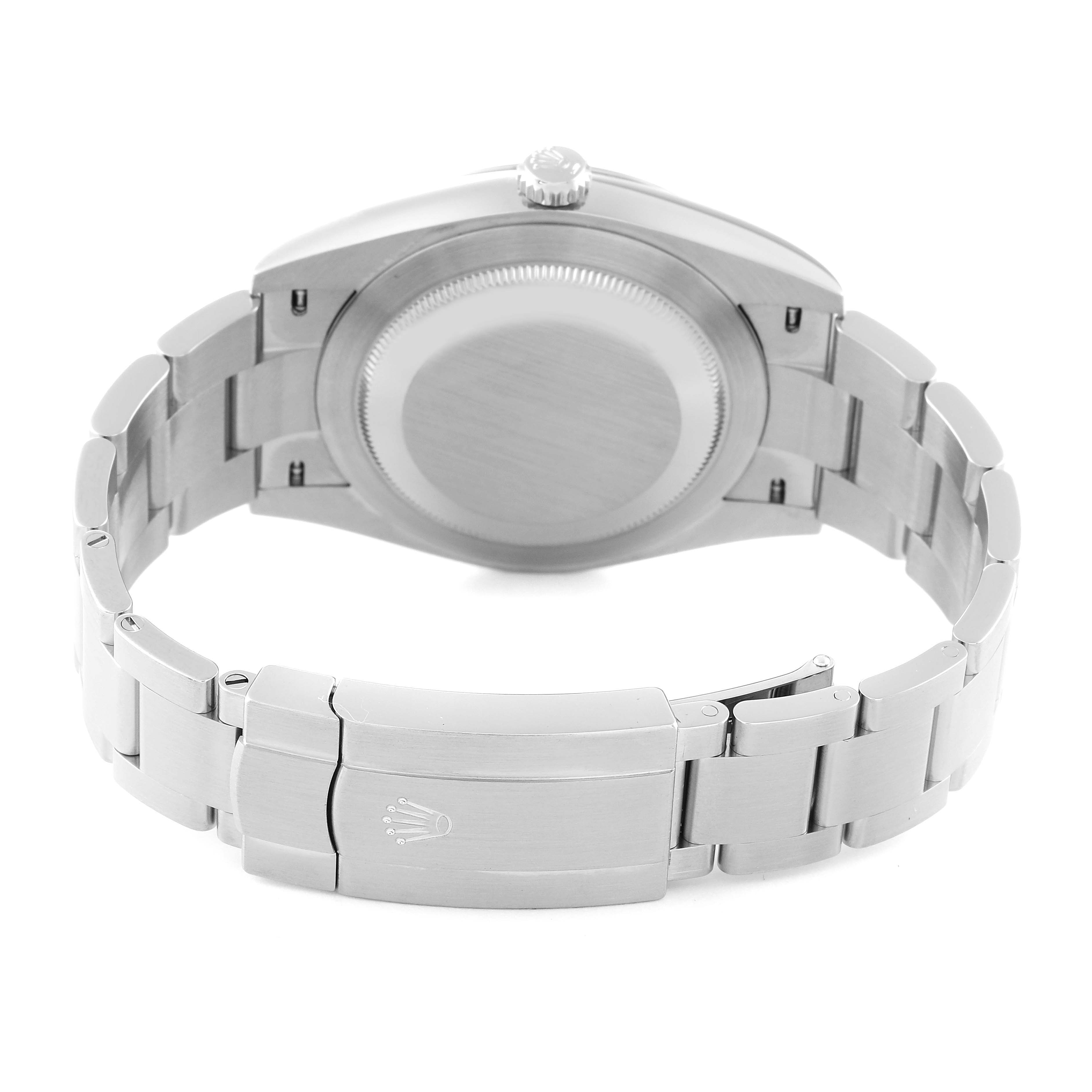 The image shows the back view of a Rolex Oyster Perpetual 124300 Men
s Stainless Steel Blue Dial 124300 Men
s Stainless Steel Blue Dial watch, highlighting its clasp and bracelet.