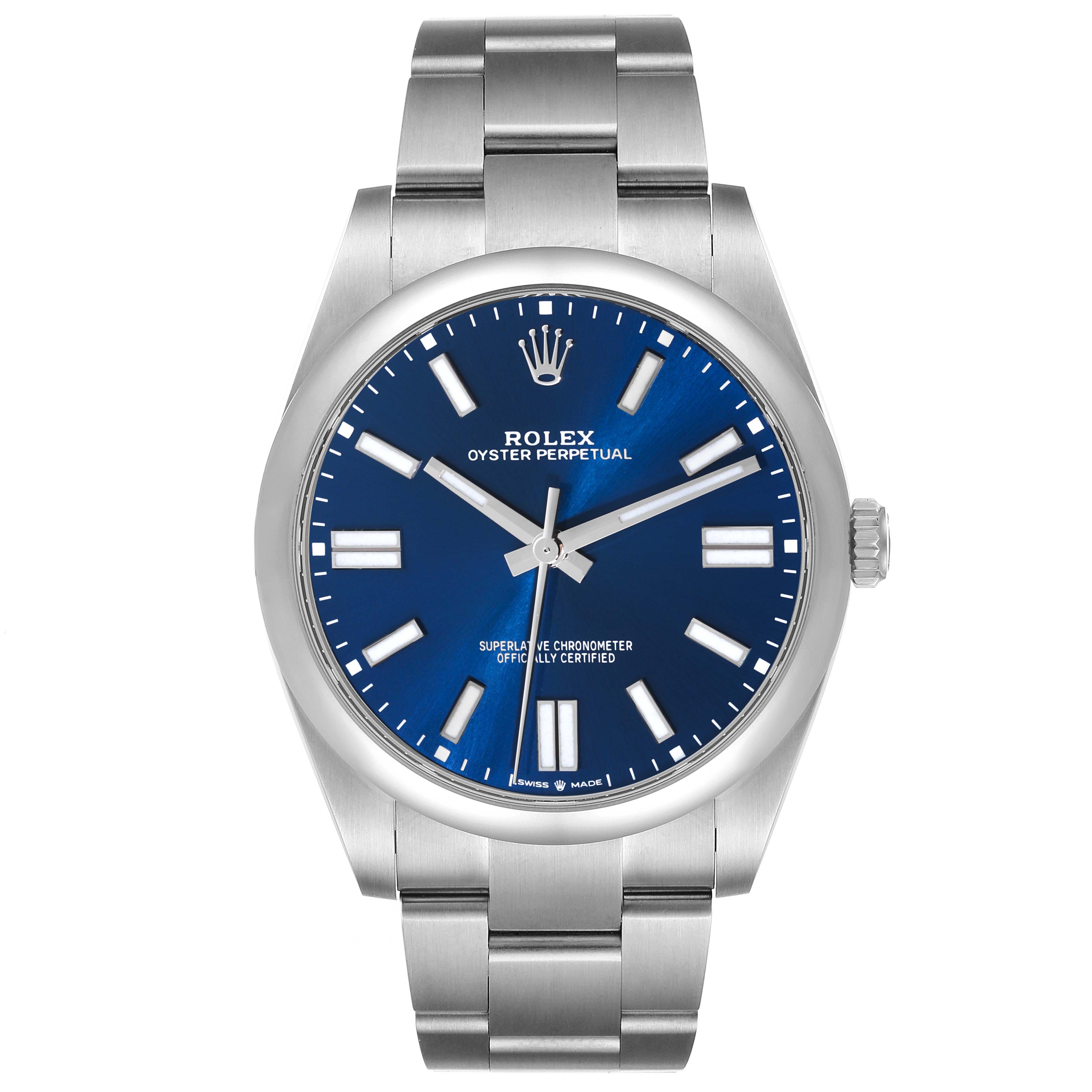 This image shows a front view of a Rolex Oyster Perpetual 124300 Men
s Stainless Steel Blue Dial 124300 Men
s Stainless Steel Blue Dial watch, highlighting its blue dial and stainless steel bracelet.