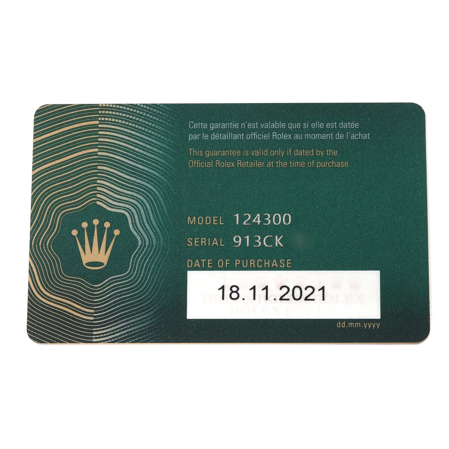 The image shows a warranty card for the Rolex Oyster Perpetual 124300 Men
s Stainless Steel Blue Dial 124300 Men
s Stainless Steel Blue Dial model 124300, dated 18.11.2021.
