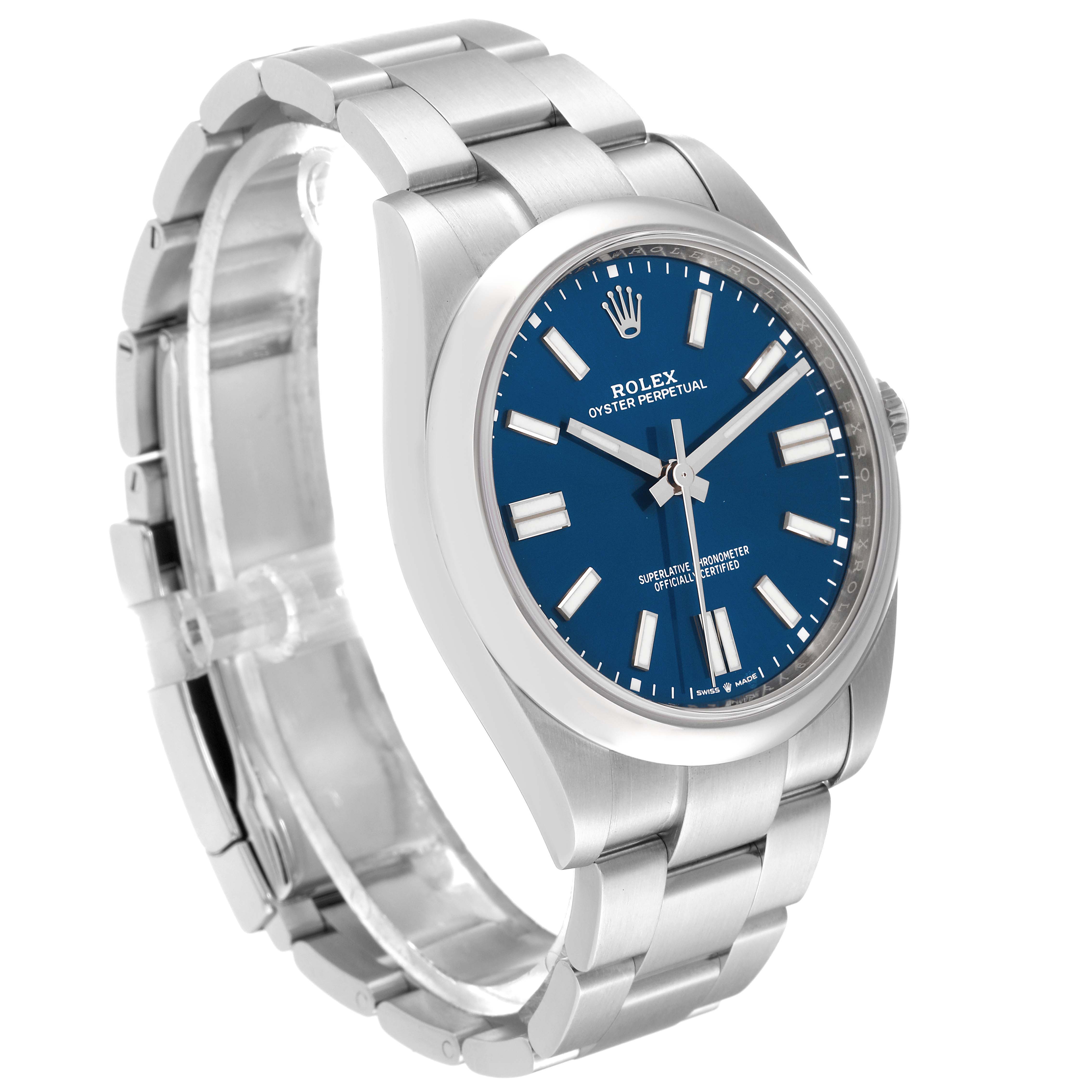 The Rolex Oyster Perpetual 124300 Men
s Stainless Steel Blue Dial 124300 Men
s Stainless Steel Blue Dial watch shown is viewed from an angled perspective, displaying the face, dial, crown, and part of the bracelet.