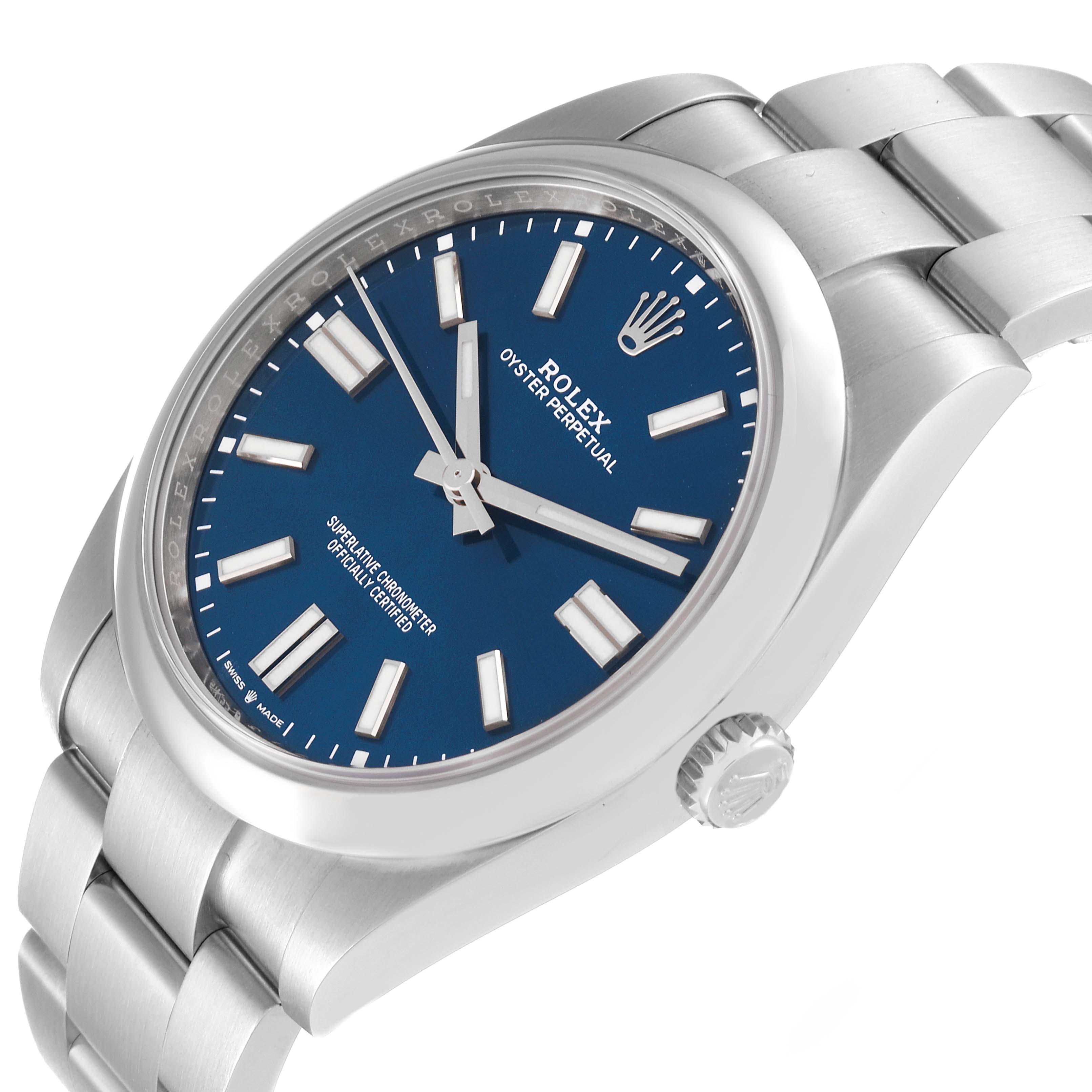 The image shows a side angle of a Rolex Oyster Perpetual 124300 Men
s Stainless Steel Blue Dial 124300 Men
s Stainless Steel Blue Dial, highlighting the dial, crown, and bracelet.