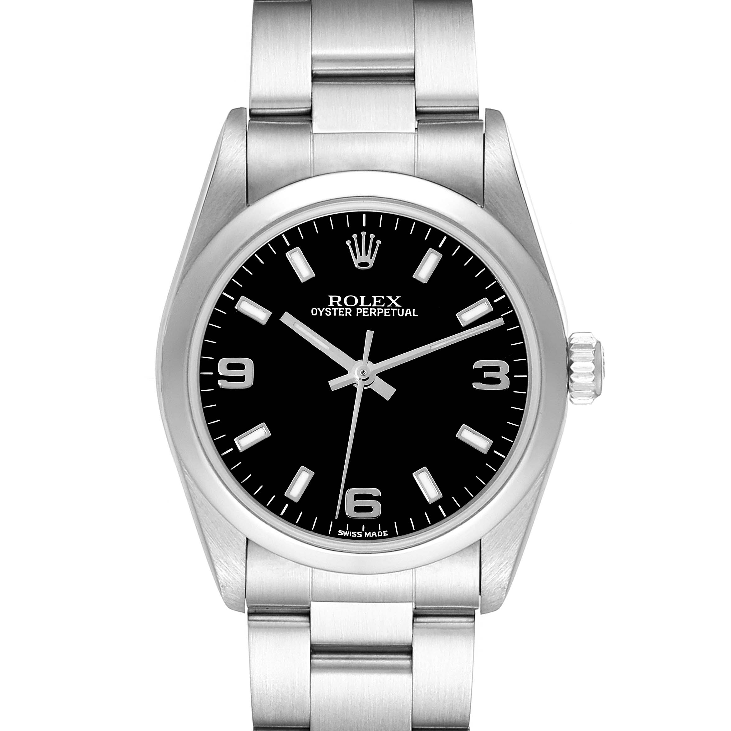 This image shows a front view of a Rolex Mid-Size 77080 Women's Stainless Steel Black Dial 77080 Women's Stainless Steel Black Dial model watch, displaying the dial, crown, and part of the bracelet.