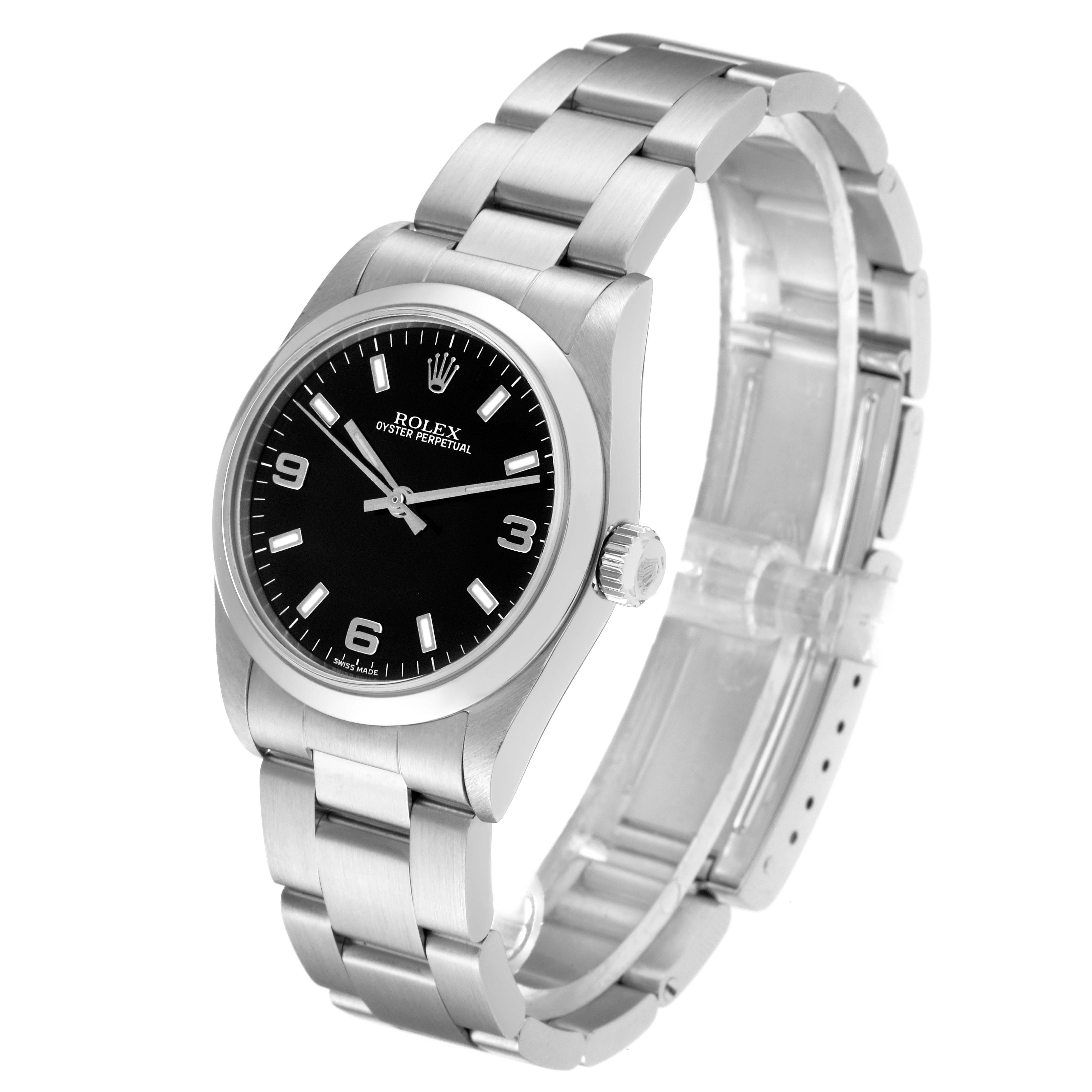 The image shows a side and frontal view of a Rolex Mid-Size 77080 Women's Stainless Steel Black Dial 77080 Women's Stainless Steel Black Dial Oyster Perpetual watch, featuring its bezel, dial, and bracelet.