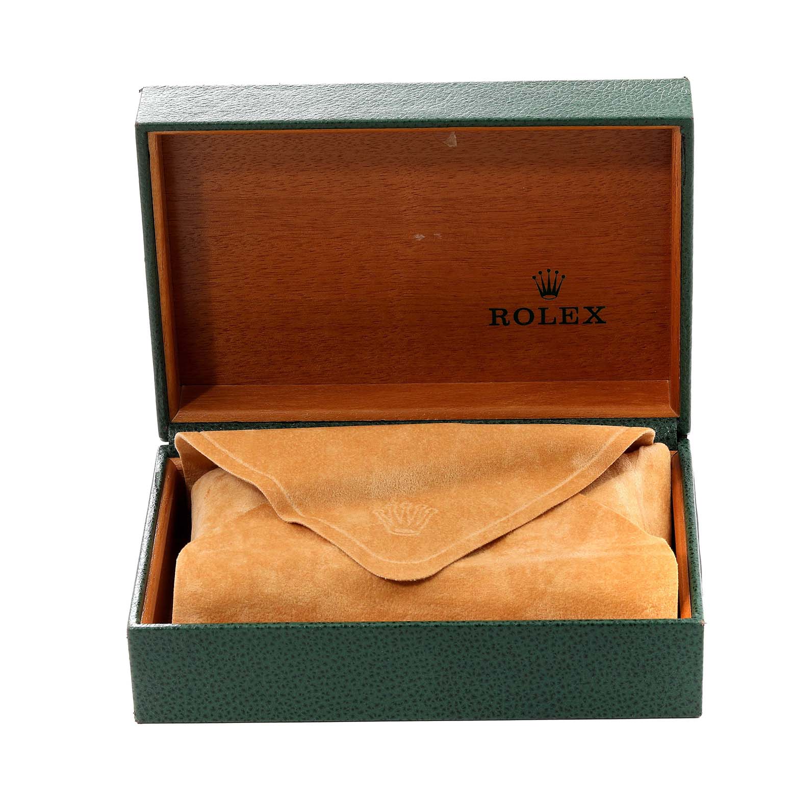 The image shows a mid-size Rolex watch in a green and wooden box, partially covered by a brown suede pouch.
