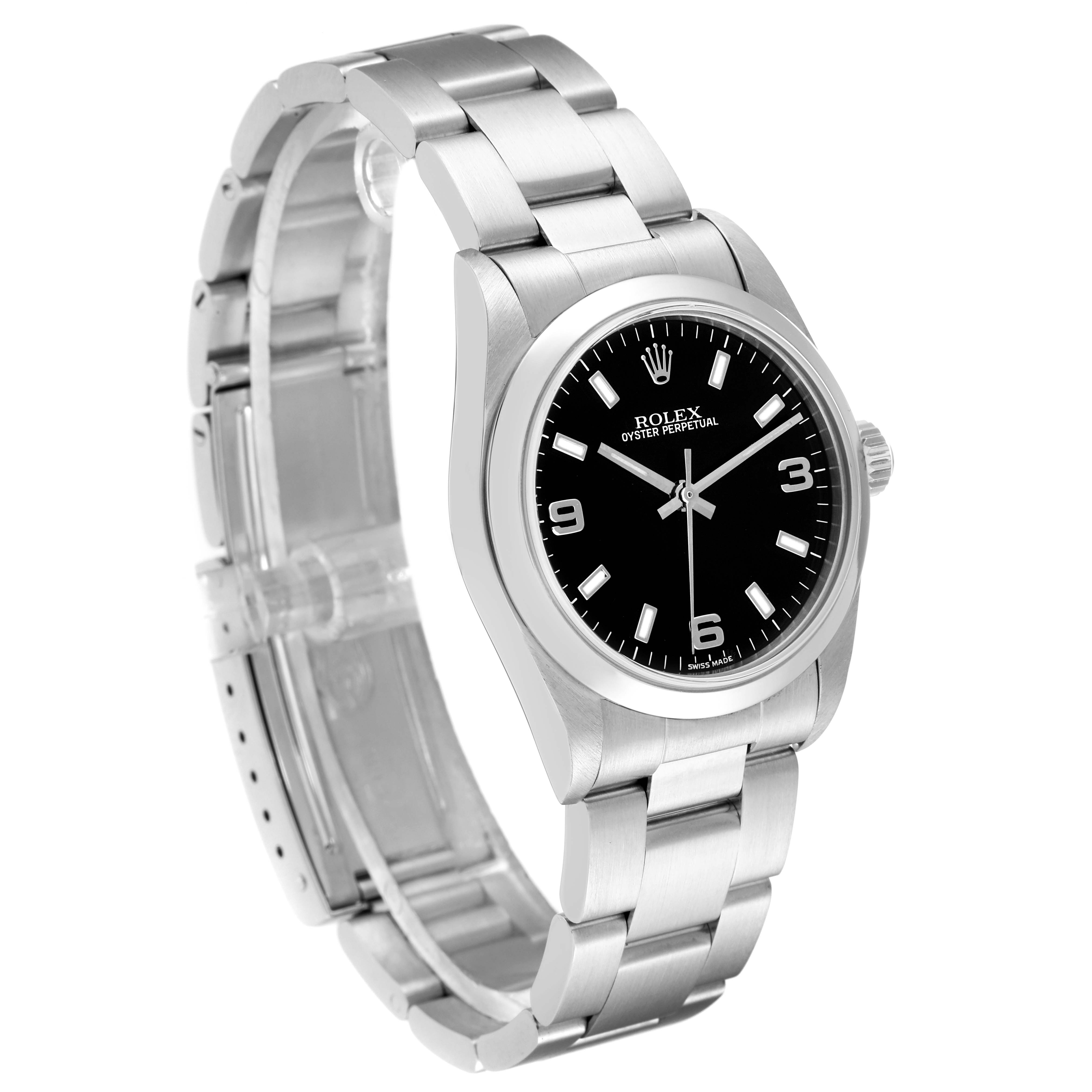The image shows a Rolex Mid-Size 77080 Women's Stainless Steel Black Dial 77080 Women's Stainless Steel Black Dial Oyster Perpetual watch from a three-quarter angle, highlighting the bracelet, case, and dial.