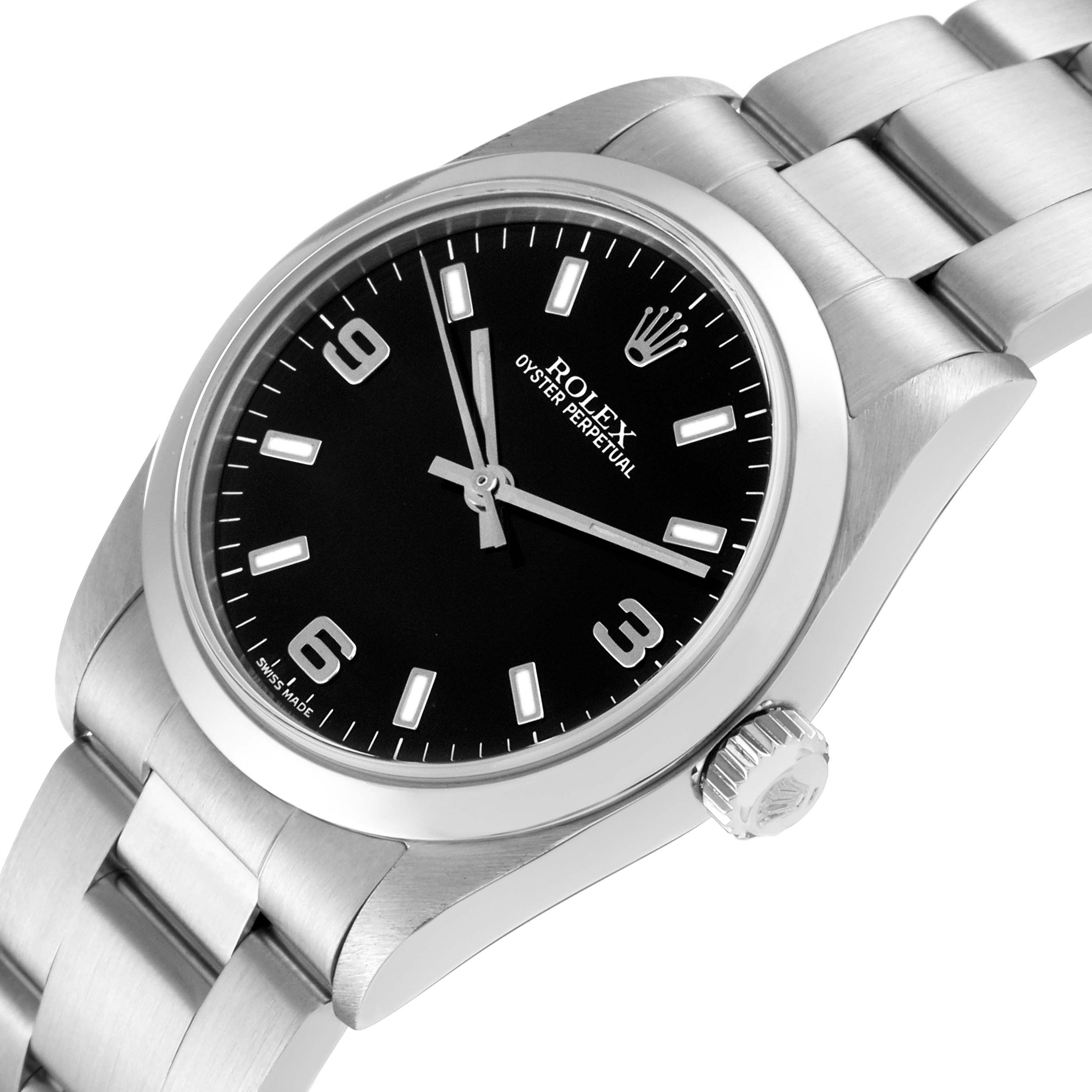 This image shows a close-up of the Rolex Mid-Size 77080 Women's Stainless Steel Black Dial 77080 Women's Stainless Steel Black Dial Oyster Perpetual watch face and bracelet from a tilted front angle.