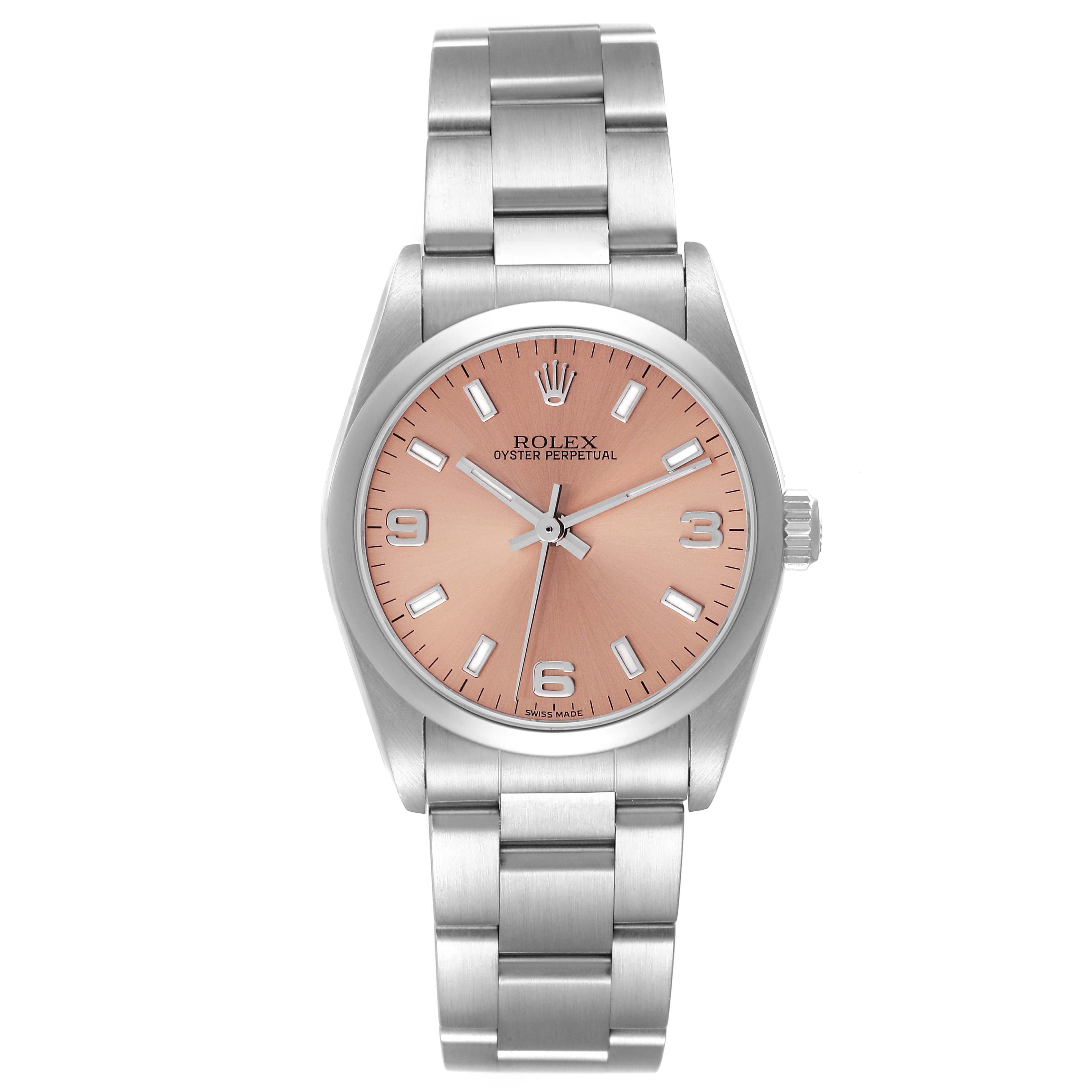 The image shows a front view of a mid-size Rolex Oyster Perpetual watch with a stainless steel bracelet and pink dial.