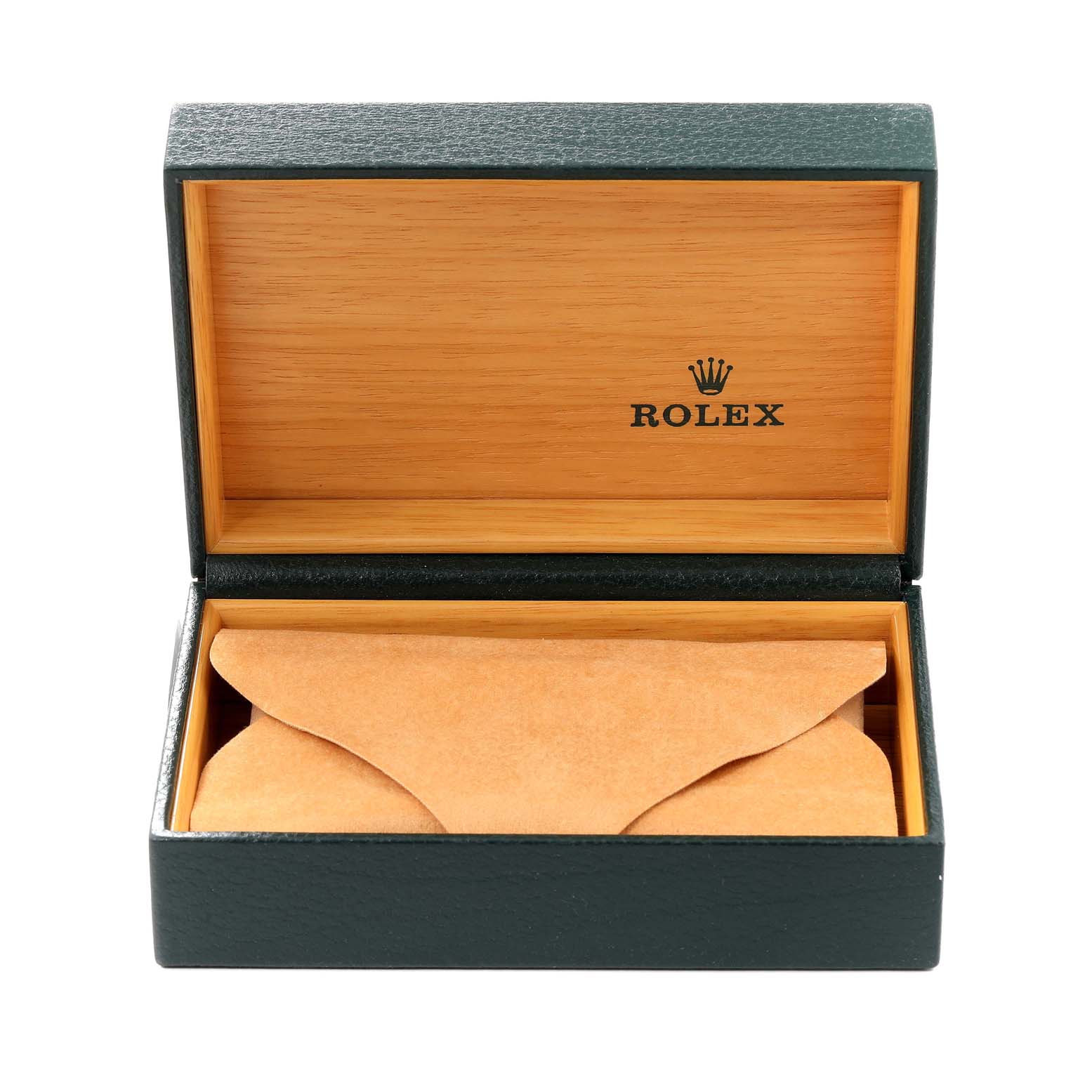 The image shows a Rolex Mid-Size 77080 Women's Stainless Steel Pink Dial 77080 Women's Stainless Steel Pink Dial model watch box from a top-down angle, with the lid open displaying the interior and a protective pouch.