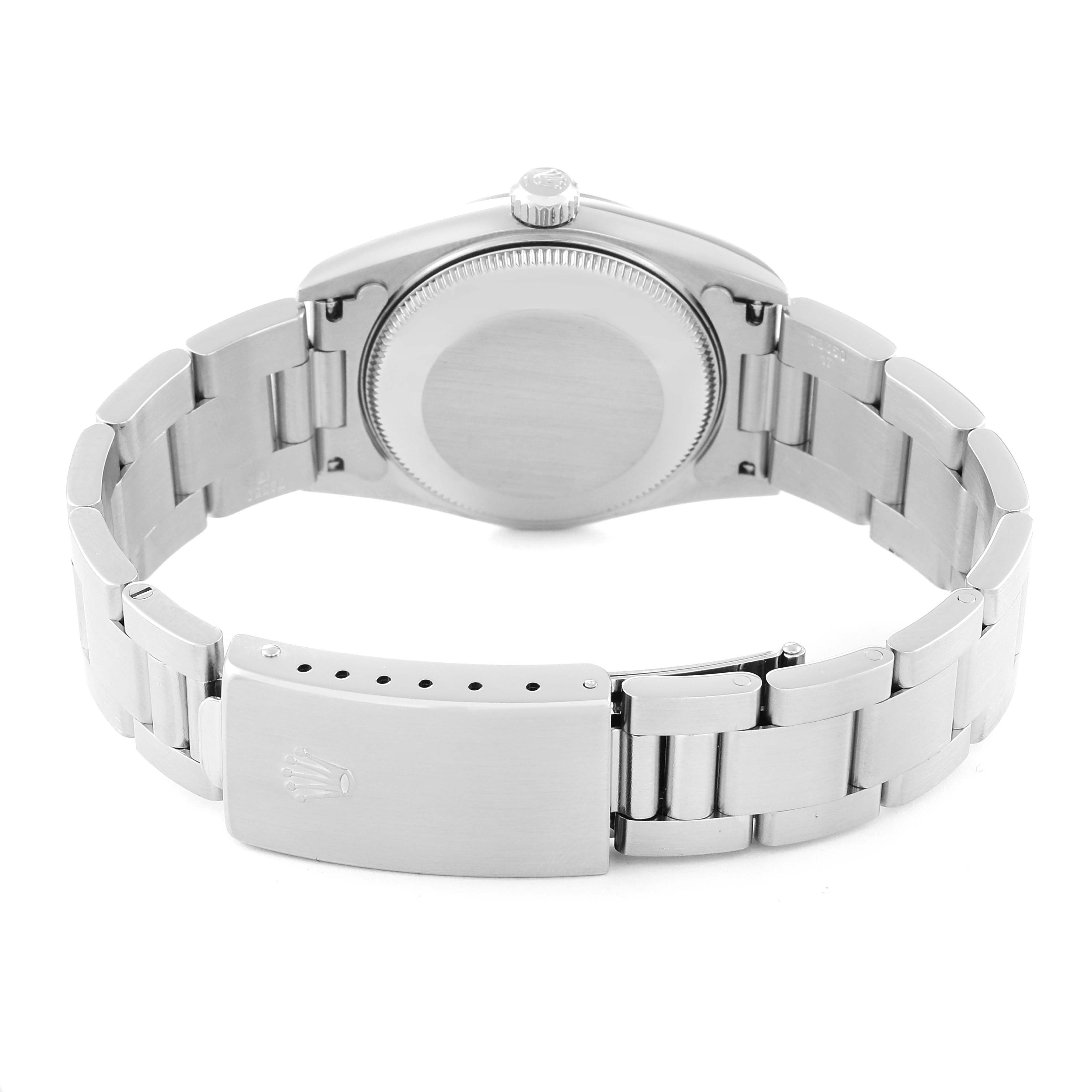 The image shows the back and clasp of a Mid-Size Rolex watch, with the caseback, bracelet, and deployment clasp visible.