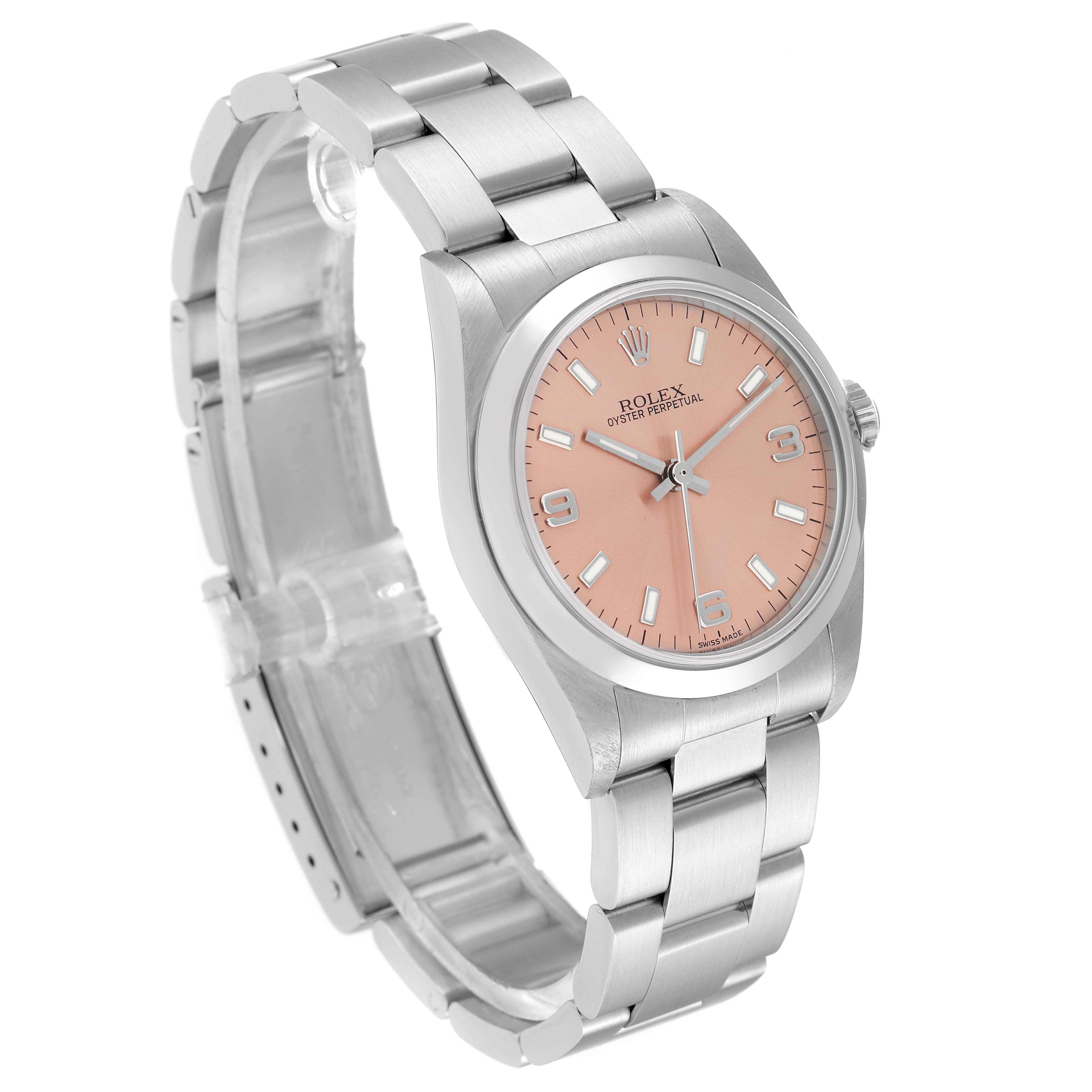 The Rolex Mid-Size 77080 Women's Stainless Steel Pink Dial 77080 Women's Stainless Steel Pink Dial model watch is shown at a slight angle, highlighting its pink dial, stainless steel case, and bracelet.