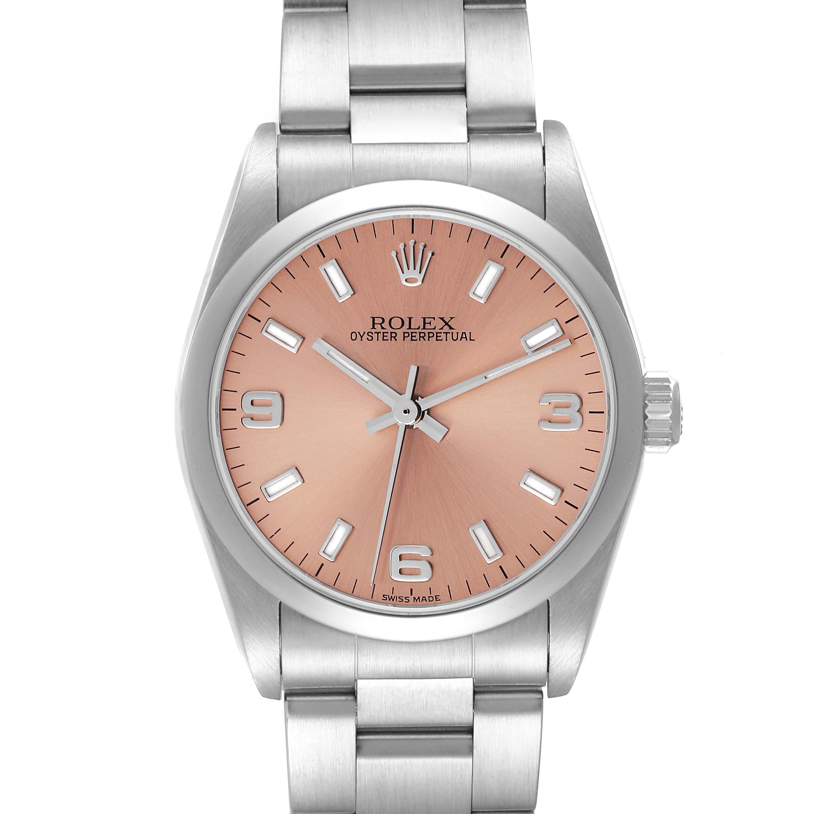 The Rolex Oyster Perpetual Mid-Size watch is shown from the front, displaying its dial, bezel, case, crown, and bracelet.