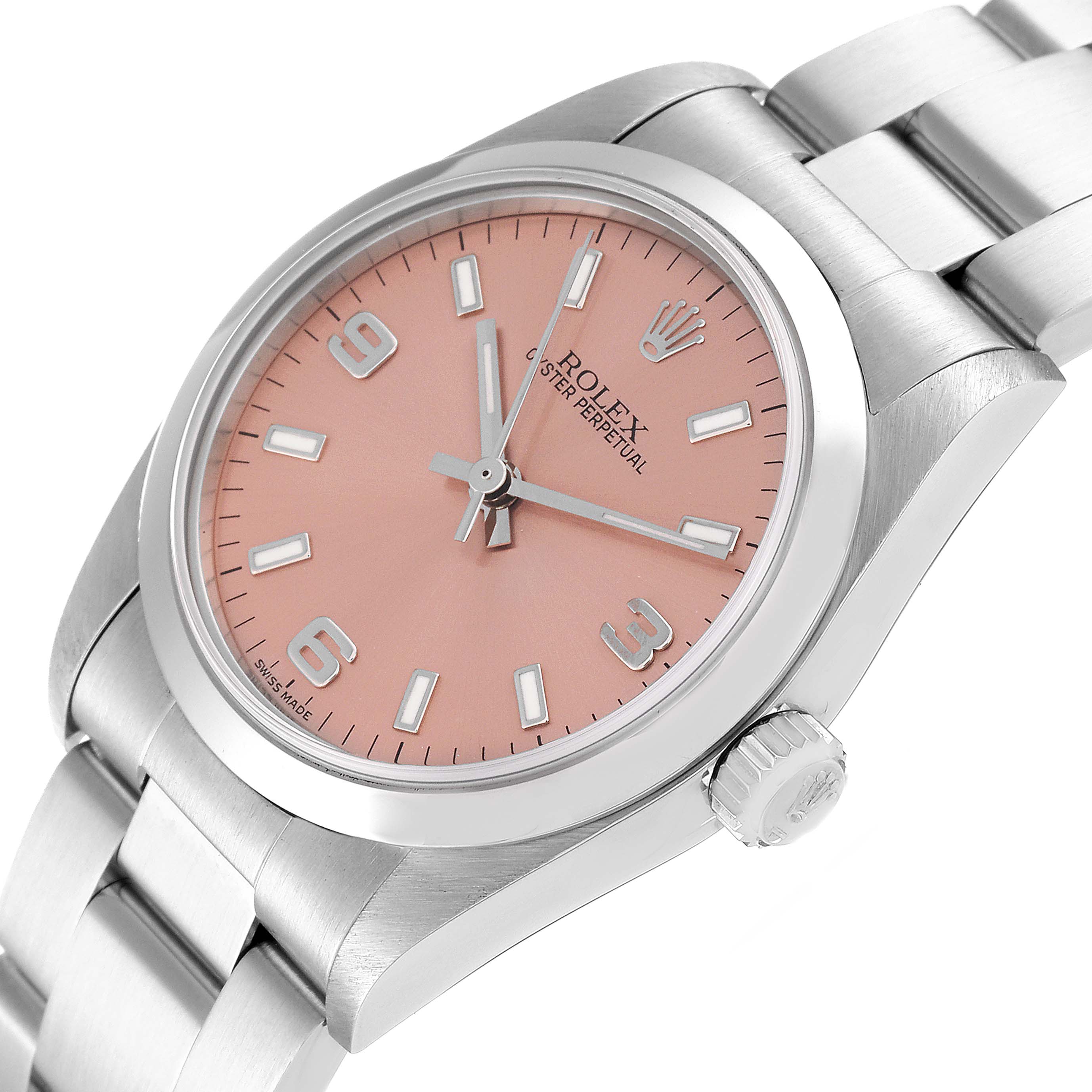 The image shows a Rolex Mid-Size 77080 Women's Stainless Steel Pink Dial 77080 Women's Stainless Steel Pink Dial Oyster Perpetual watch at an angled side view, highlighting the pink dial and stainless steel bracelet.