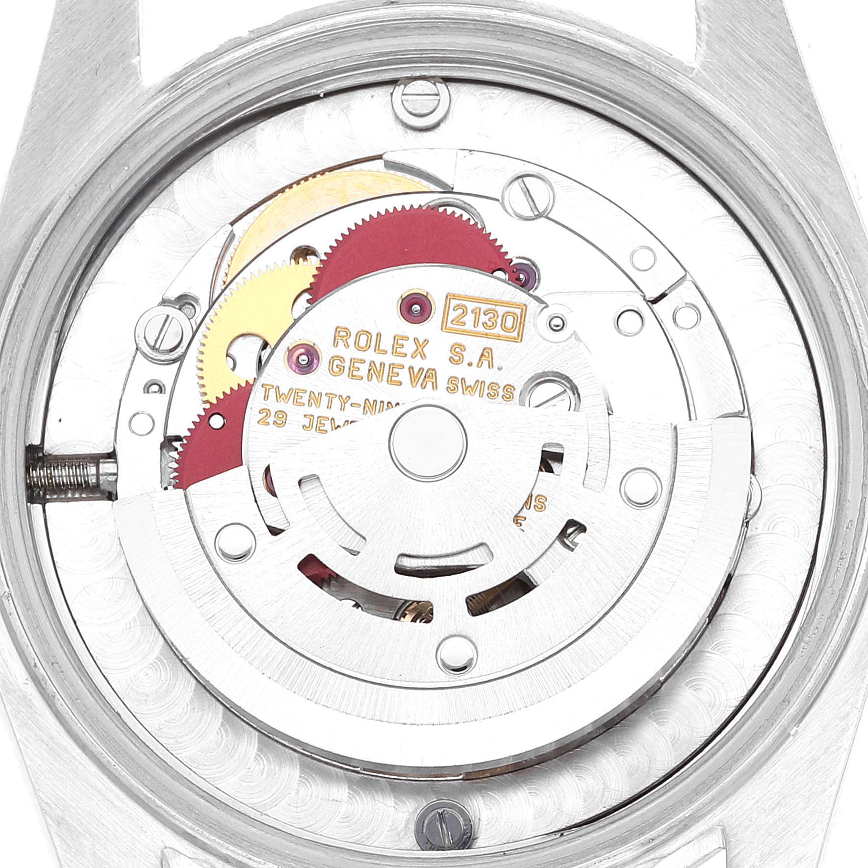 The image shows the internal movement mechanism of a Mid-Size Rolex watch from a top-down angle.