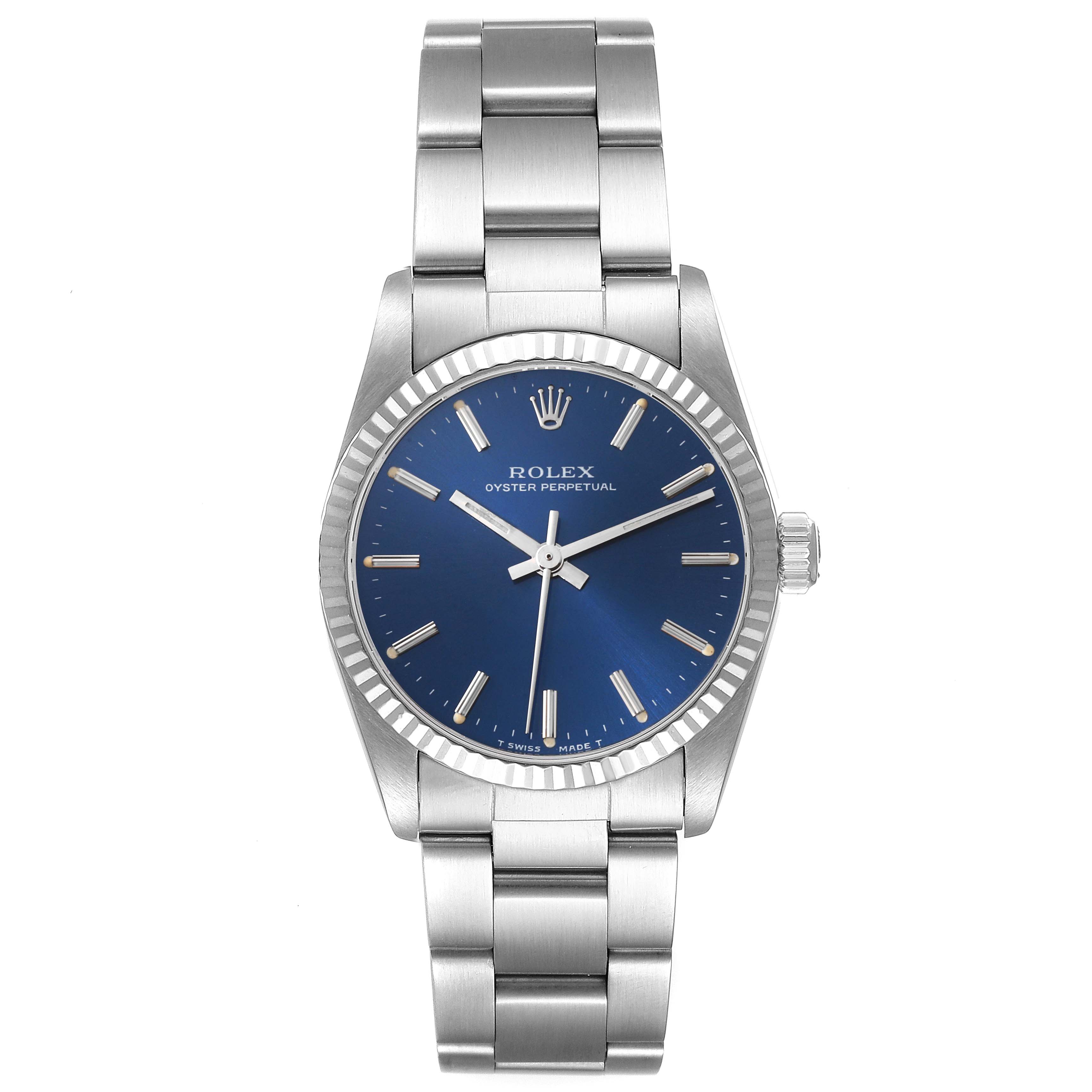 This image shows a front view of a Rolex Oyster Perpetual Mid-Size watch with a blue dial and stainless steel bracelet.
