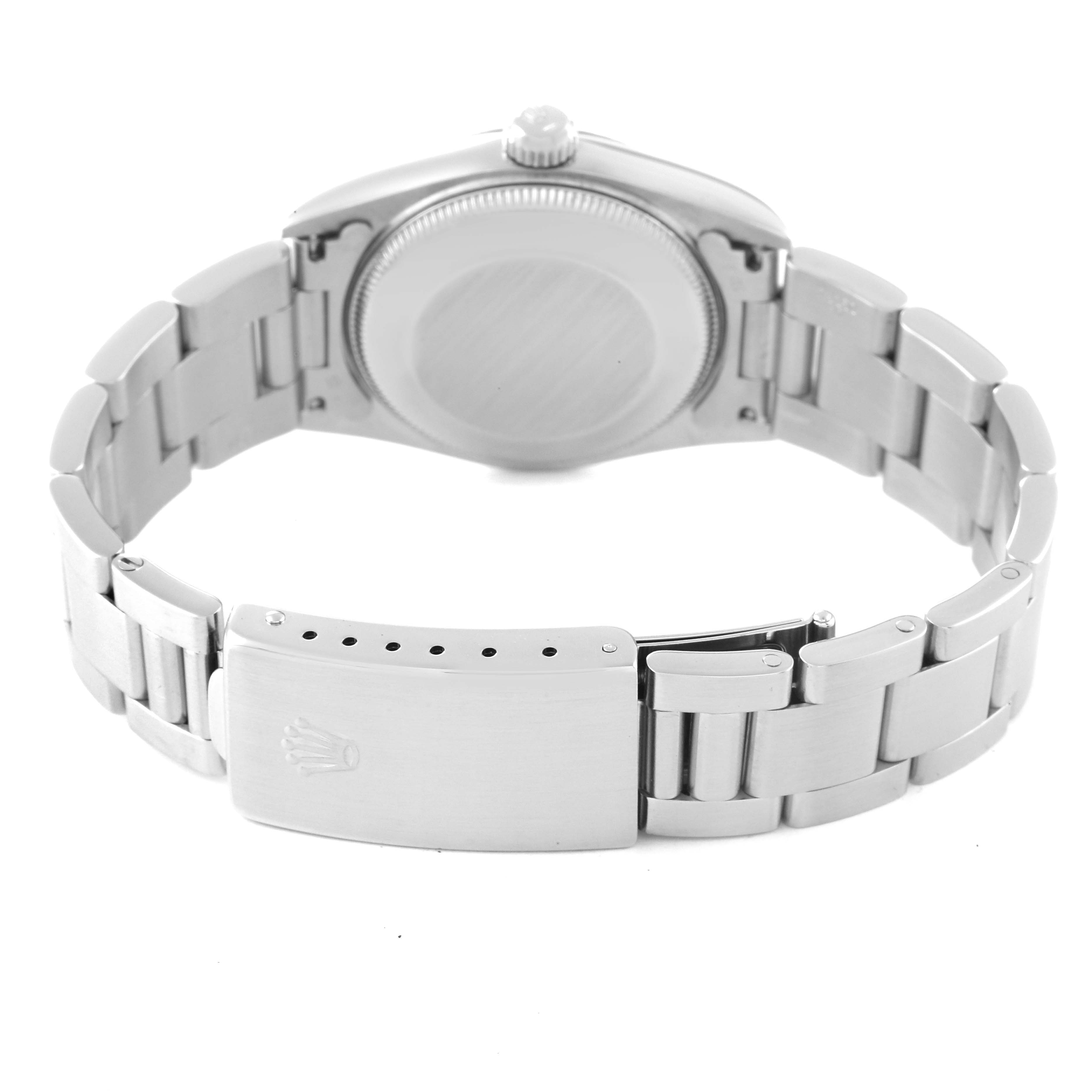 This image shows the back case and clasp of a Mid-Size Rolex watch from a rear angle.