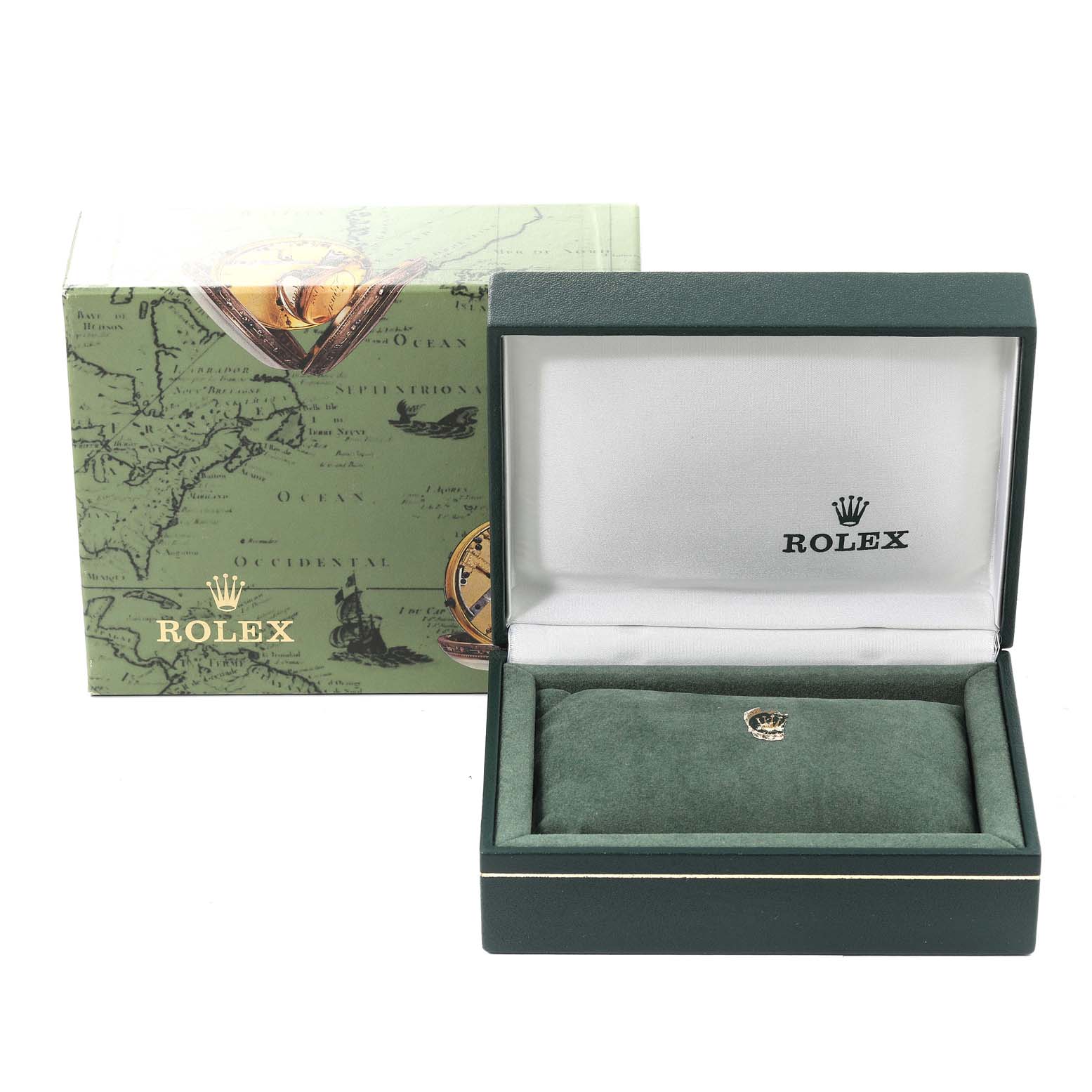 The image shows a Rolex Mid-Size 67514 Women
s Stainless Steel Blue Dial 67514 Women
s Stainless Steel Blue Dial model watch box, with an open green velvet interior and a closed box with a map design.