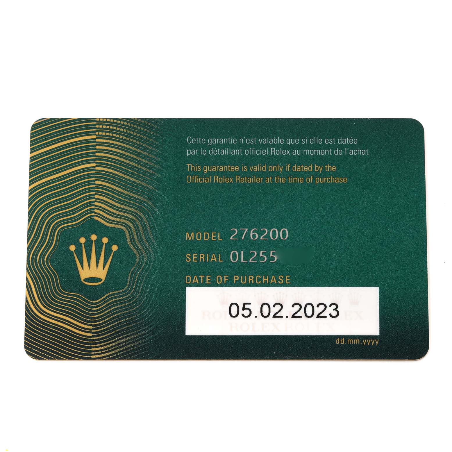 This image shows the official guarantee card for the Rolex Oyster Perpetual 276200 Women's Stainless Steel Black Dial 276200 Women's Stainless Steel Black Dial model 276200.