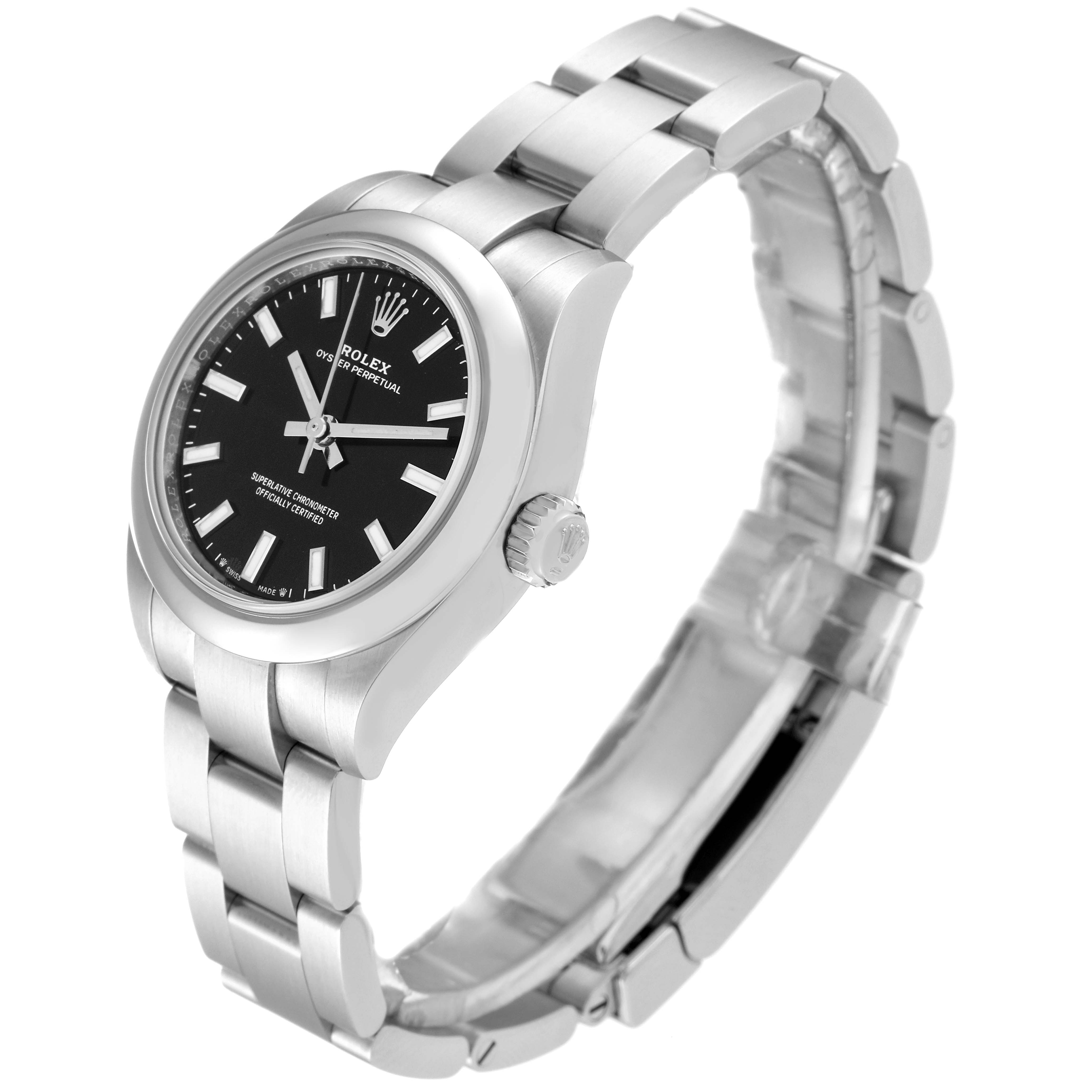 The image shows a tilted side view of the Rolex Oyster Perpetual 276200 Women's Stainless Steel Black Dial 276200 Women's Stainless Steel Black Dial watch, highlighting its face, bezel, and bracelet.