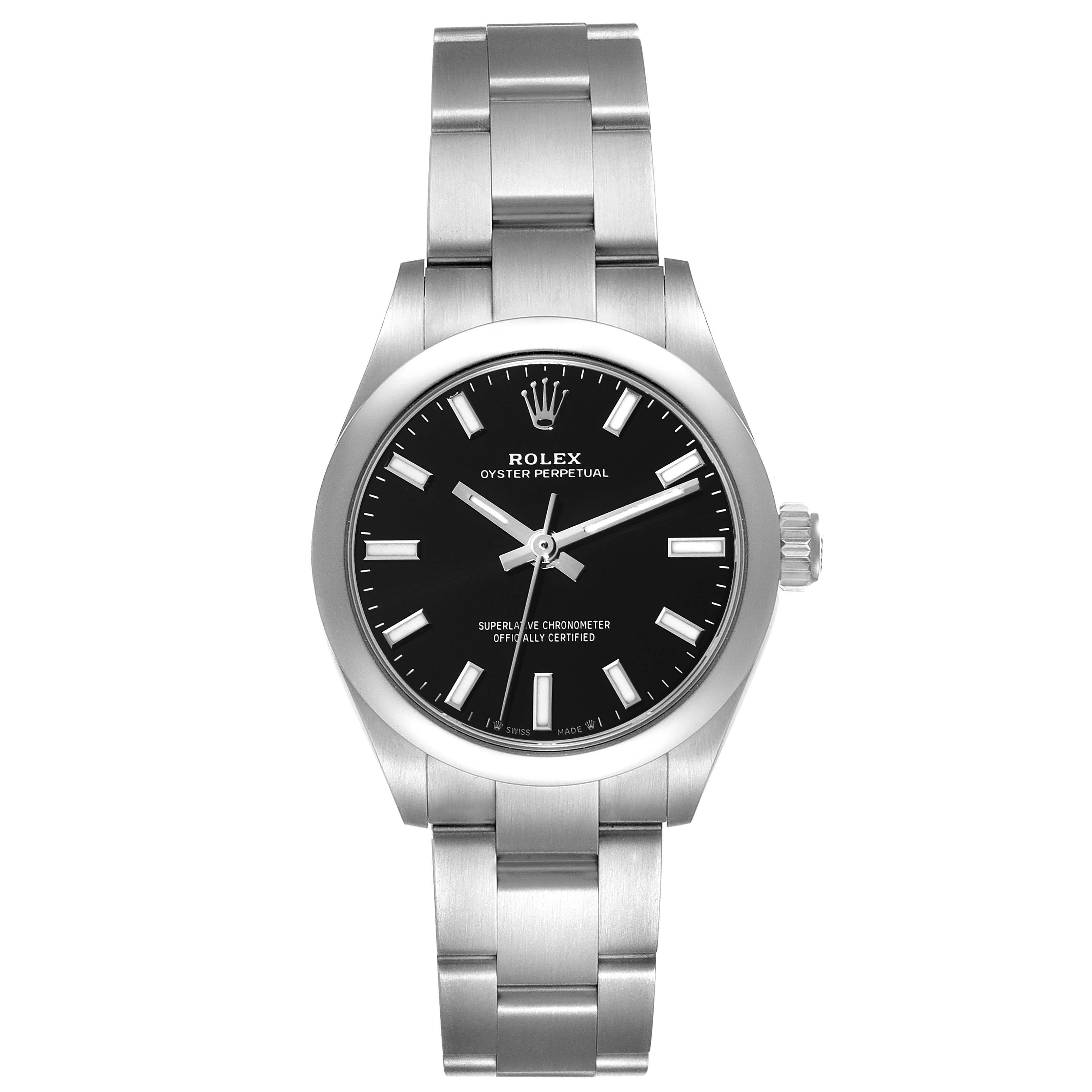 The image shows a front view of a Rolex Oyster Perpetual 276200 Women's Stainless Steel Black Dial 276200 Women's Stainless Steel Black Dial watch, featuring a black dial and stainless steel bracelet.