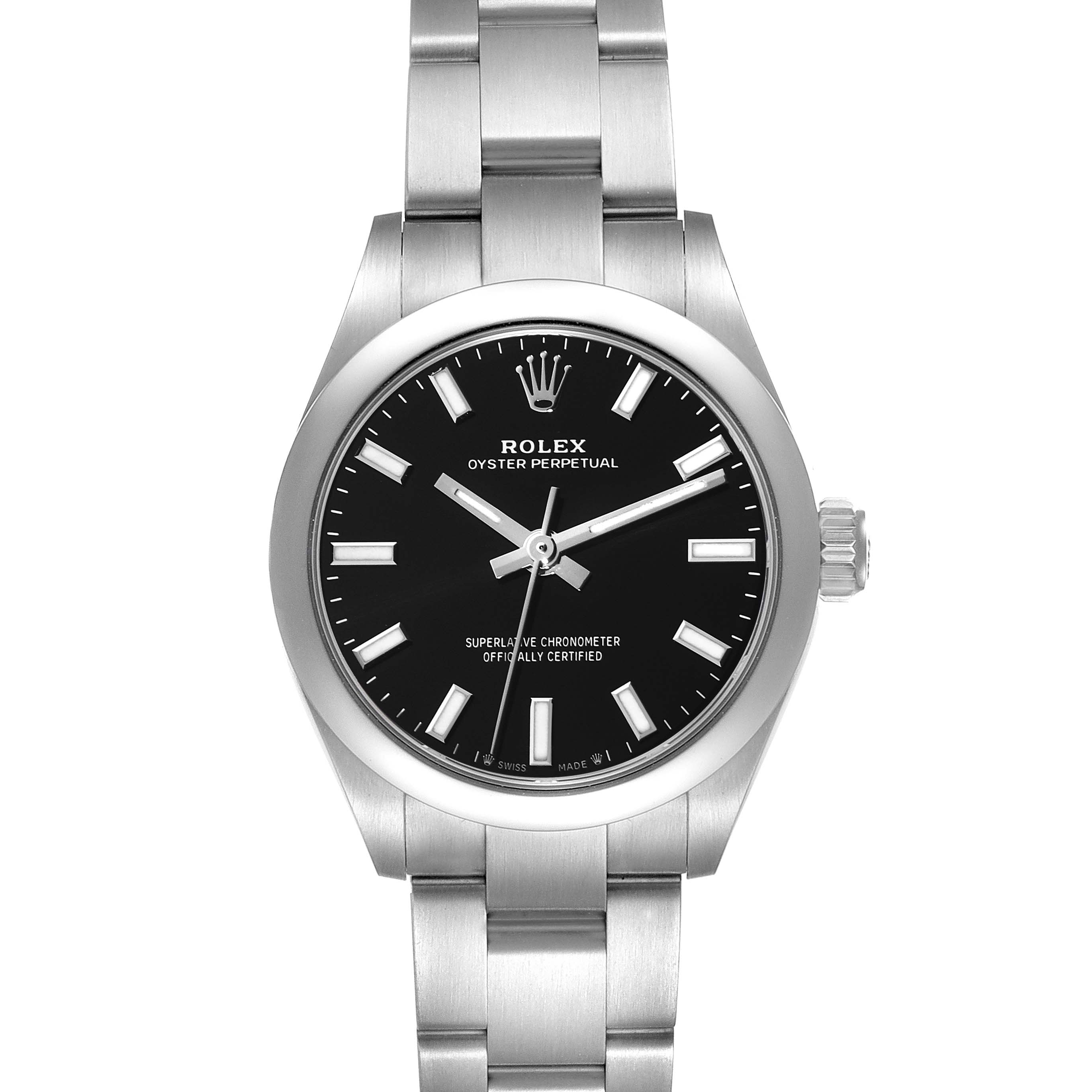 This is a front-facing view of a Rolex Oyster Perpetual 276200 Women's Stainless Steel Black Dial 276200 Women's Stainless Steel Black Dial watch, displaying the face, bezel, and bracelet.