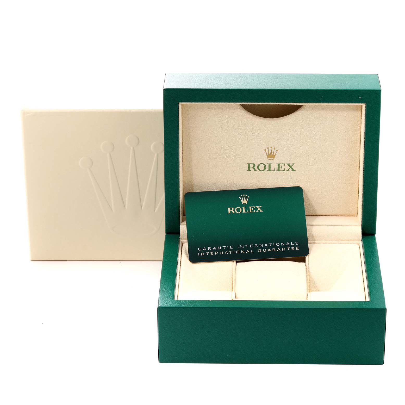 The image shows a Rolex Oyster Perpetual 276200 Women's Stainless Steel Black Dial 276200 Women's Stainless Steel Black Dial watch box and international guarantee card from a front angle.