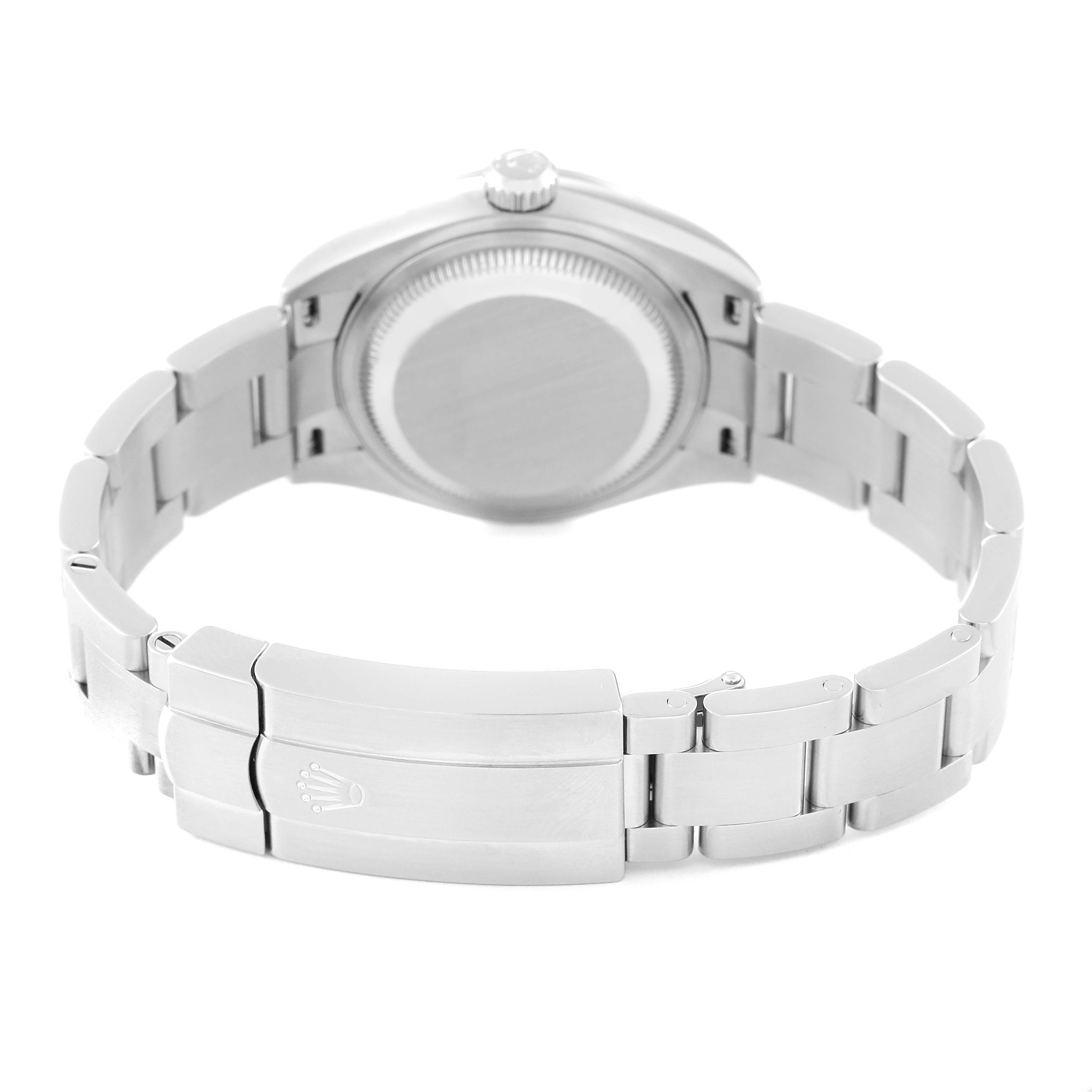 This image shows the back view of a Rolex Oyster Perpetual 276200 Women's Stainless Steel Black Dial 276200 Women's Stainless Steel Black Dial watch, displaying the clasp and bracelet in detail.