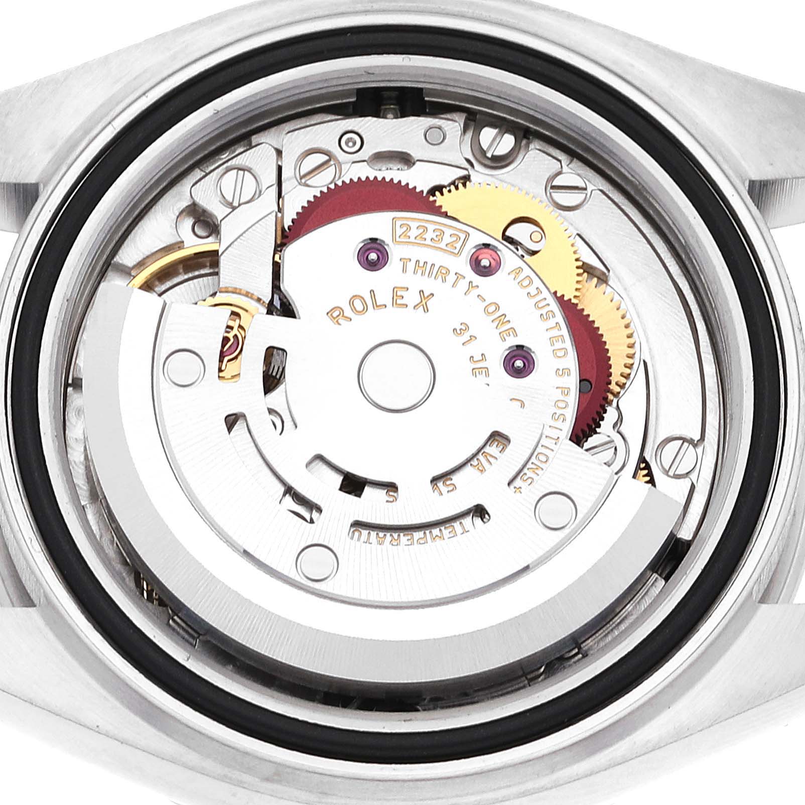 The image shows a close-up of the movement mechanism of the Rolex Oyster Perpetual 276200 Women's Stainless Steel Black Dial 276200 Women's Stainless Steel Black Dial watch from the back.