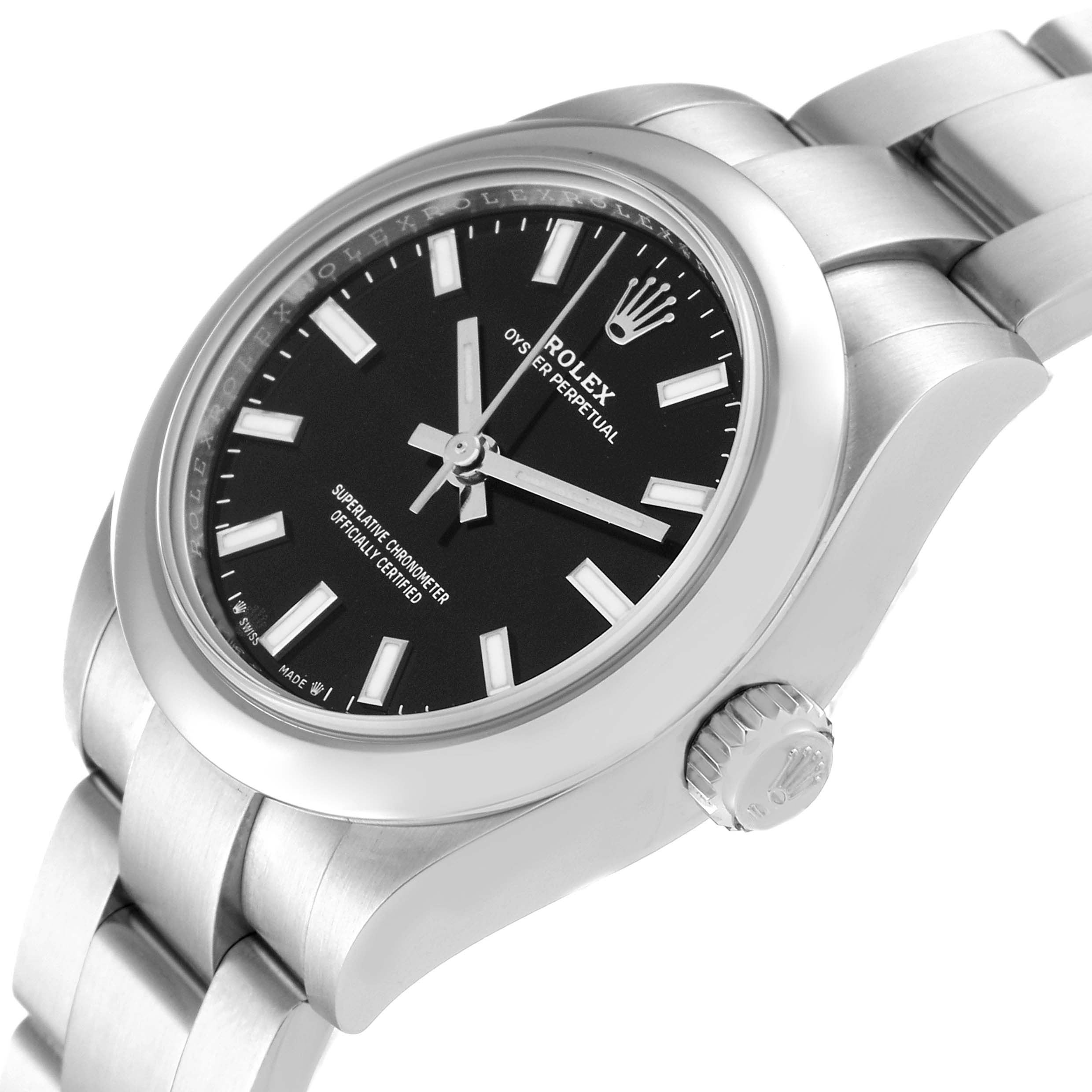 The image shows a close-up, side-angle view of the Rolex Oyster Perpetual 276200 Women's Stainless Steel Black Dial 276200 Women's Stainless Steel Black Dial watch, highlighting its black dial, bezel, case, and bracelet.