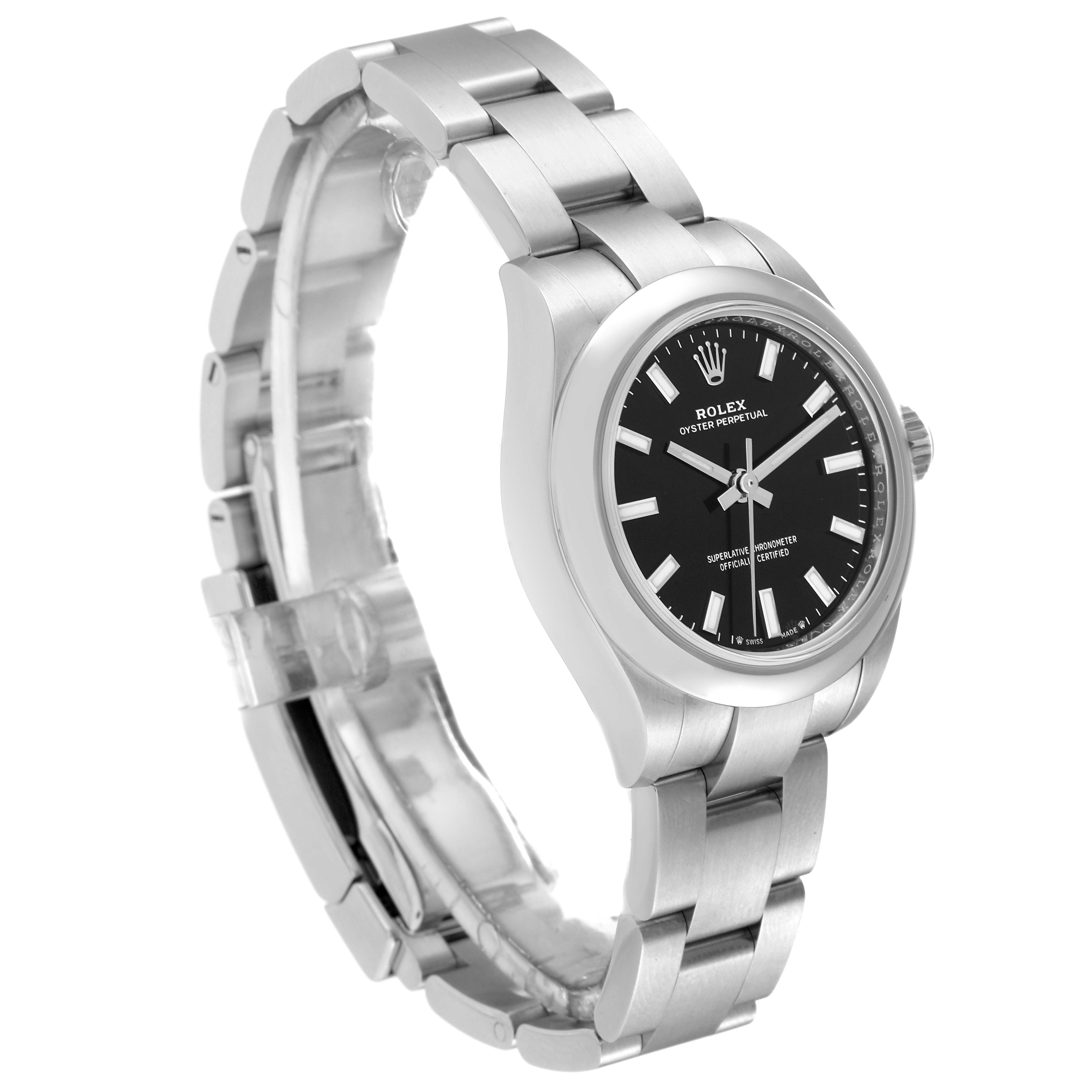 This image shows a side-angle view of a Rolex Oyster Perpetual 276200 Women's Stainless Steel Black Dial 276200 Women's Stainless Steel Black Dial watch, highlighting the case, bracelet, and dial.