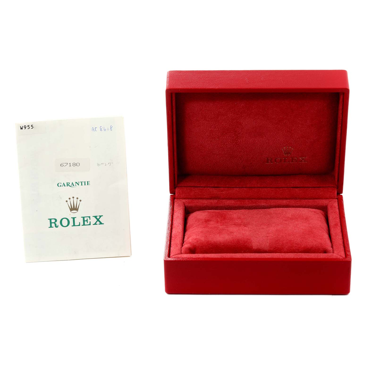 The image shows a red box for the Rolex Oyster Perpetual 67180 Women
s Stainless Steel Pink Dial 67180 Women
s Stainless Steel Pink Dial model along with its warranty card.