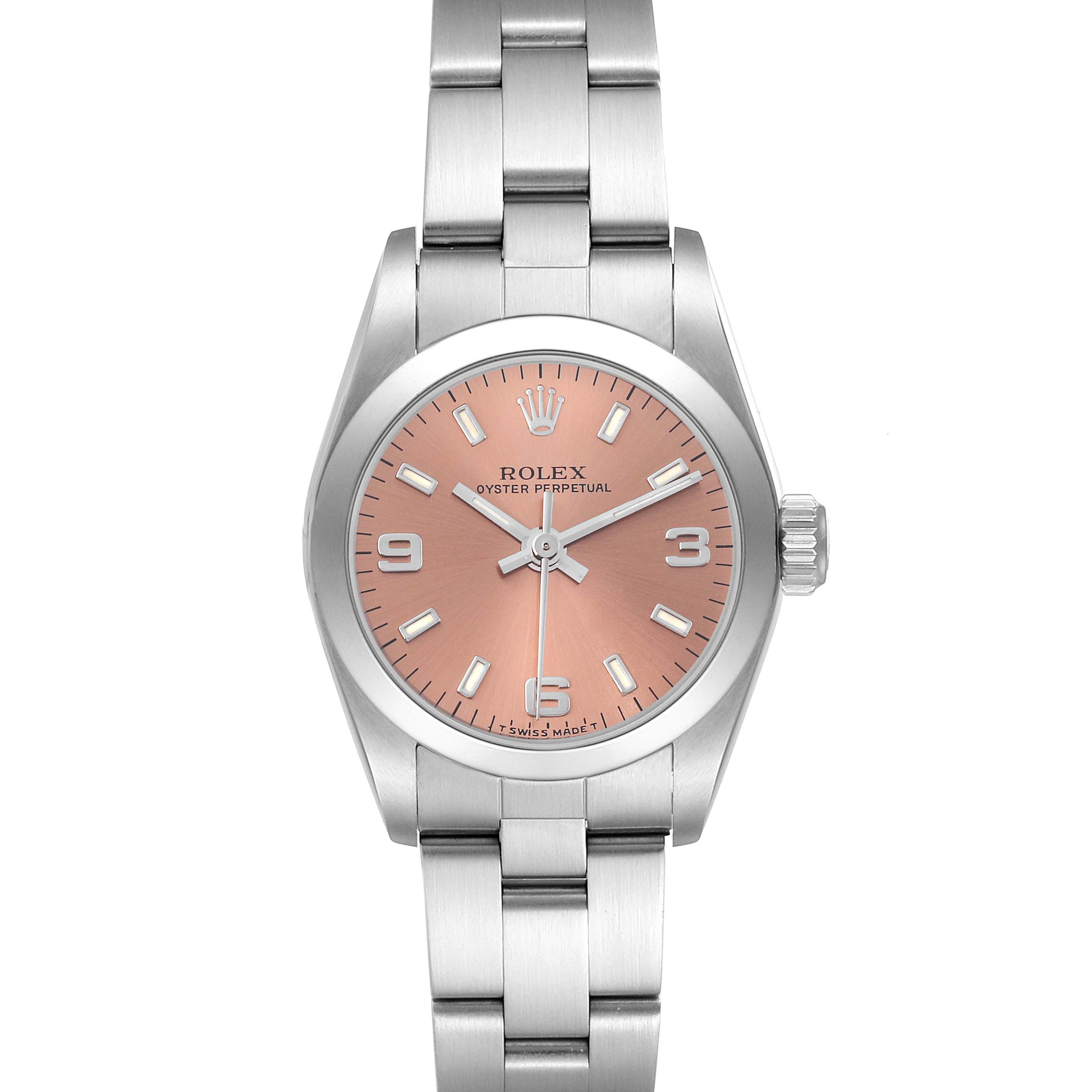 This image shows a front view of a Rolex Oyster Perpetual 67180 Women
s Stainless Steel Pink Dial 67180 Women
s Stainless Steel Pink Dial watch, featuring its dial, bezel, crown, and bracelet.