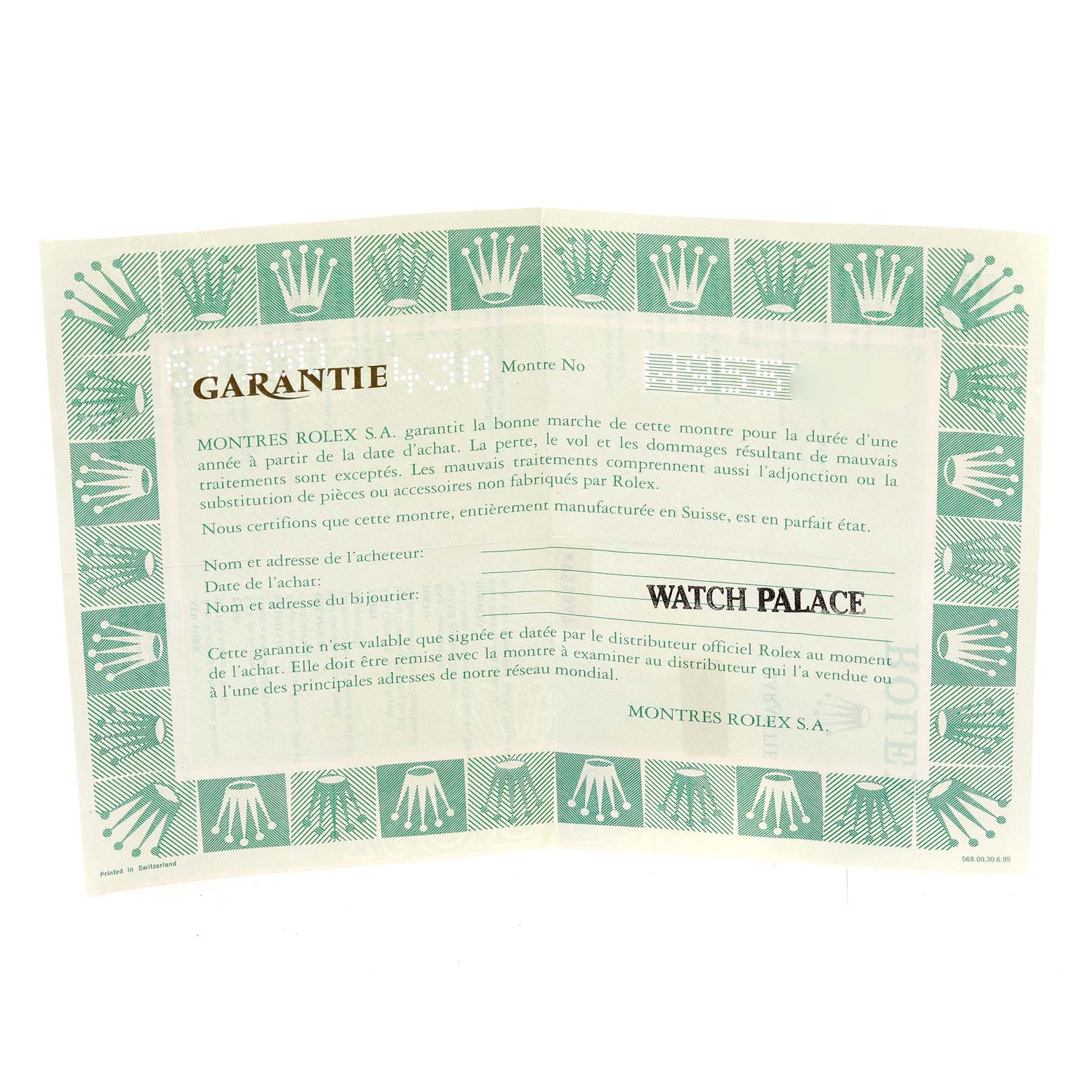 The image shows a warranty certificate for a Rolex Oyster Perpetual 67180 Women
s Stainless Steel Pink Dial 67180 Women
s Stainless Steel Pink Dial watch, with brand logos and purchase details.